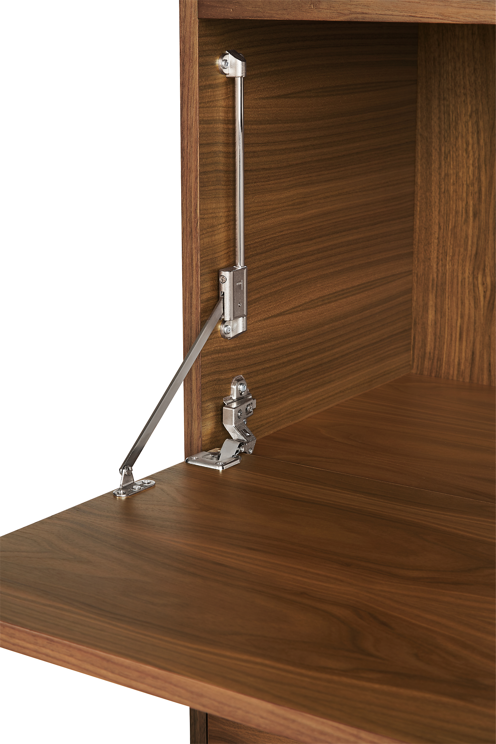 close-up of drop-down surface extension mechanism of Taylor storage cabinet desk.