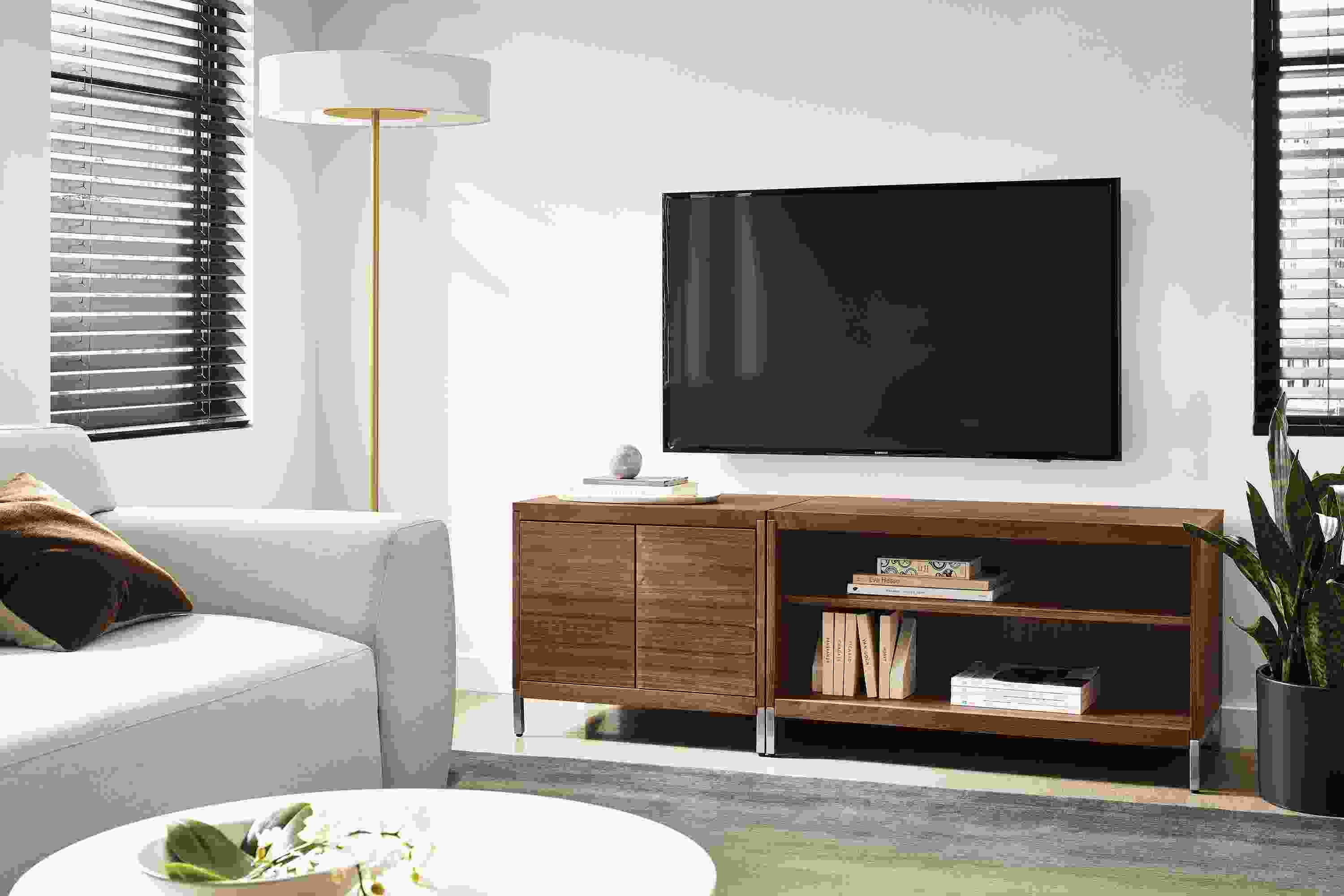 Living room setting with two Taylor Cabinets in walnut, Linvill sofa in Yana natural fabric and Luco rug in slate.