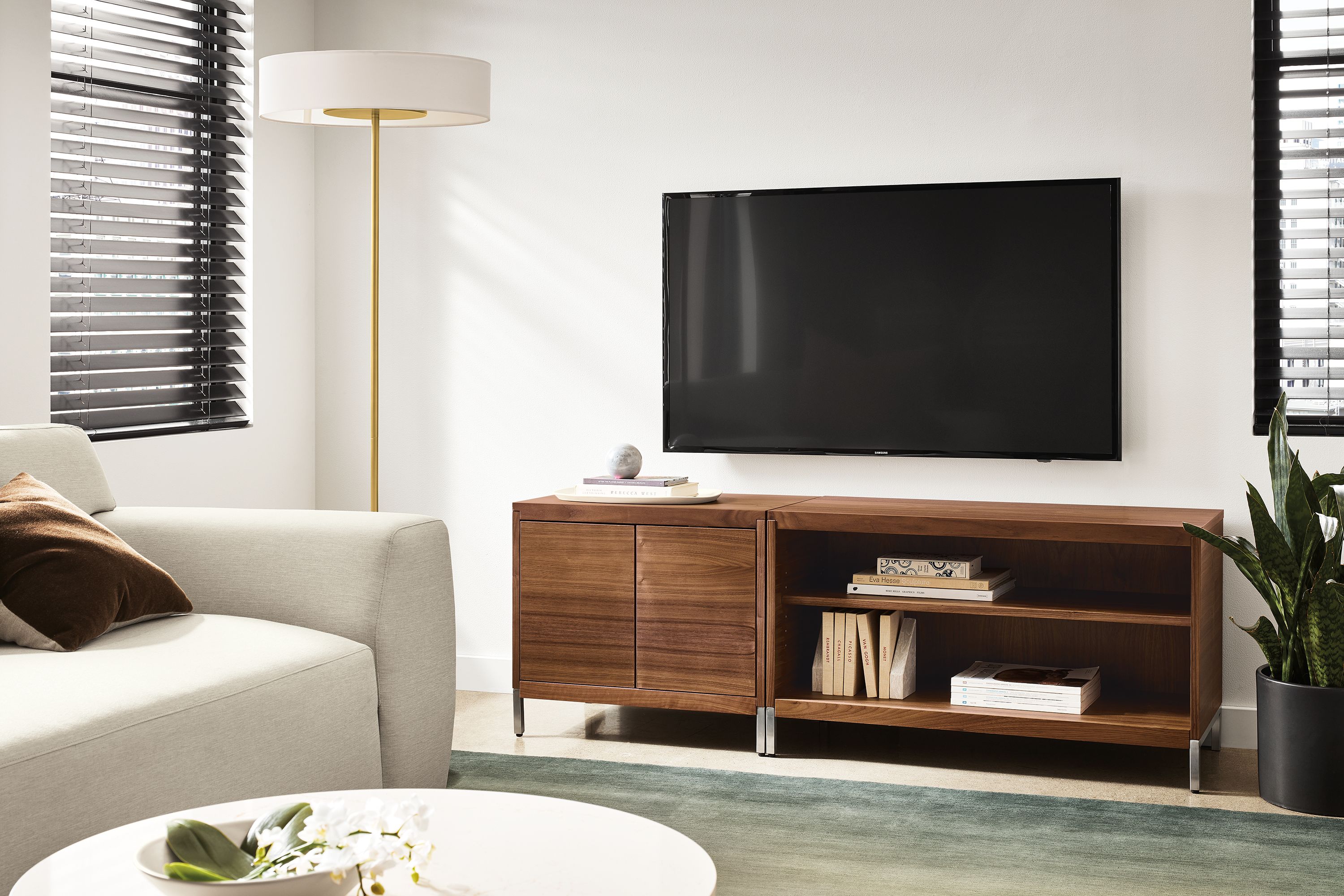 60w 16d 20.75h unit in walnut with stainless steel base: 24w 16h double-door, 36w 16h open with shelves