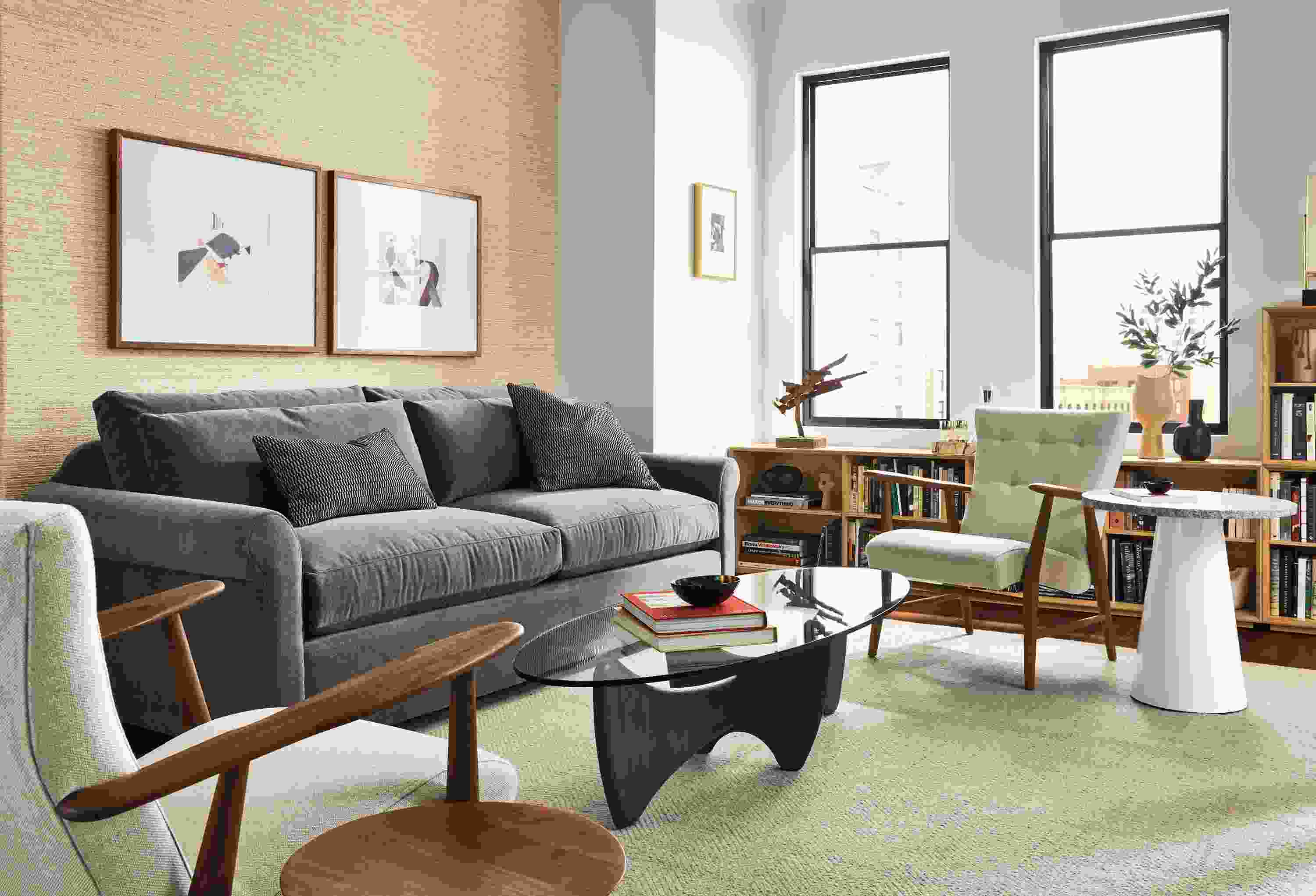 living room with tegan sofa, sanders coffee table, jonas lounge chair, decker end table.