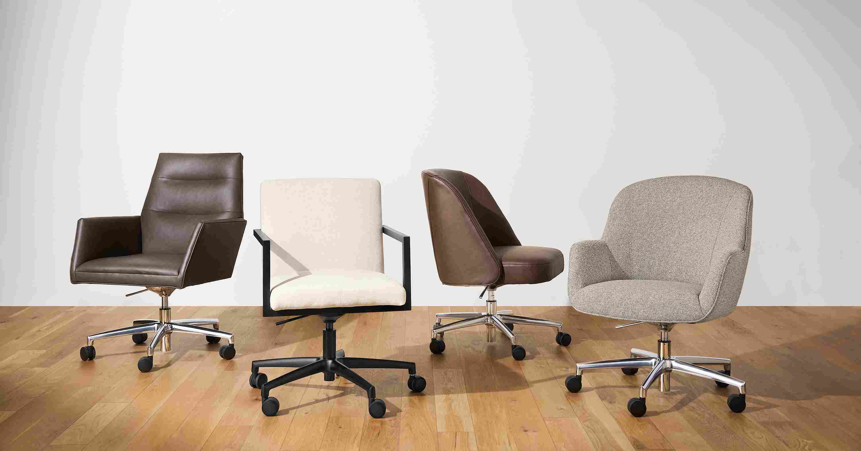 Tenley, lira, cora, nico office chairs in fiero mink, sumner ivory, laino cognac and tatum bone.