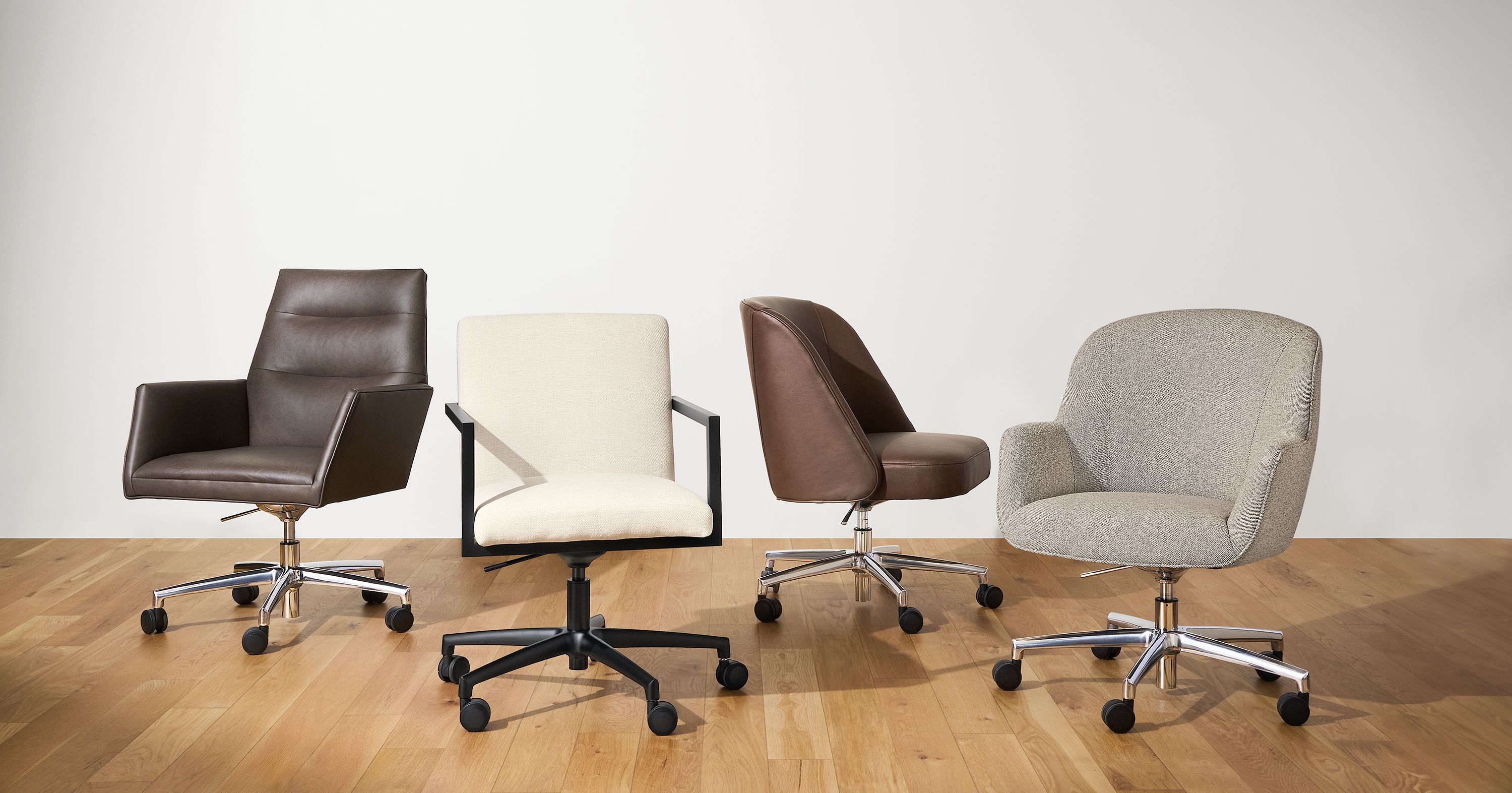 Tenley, lira, cora, nico office chairs in fiero mink, sumner ivory, laino cognac and tatum bone.