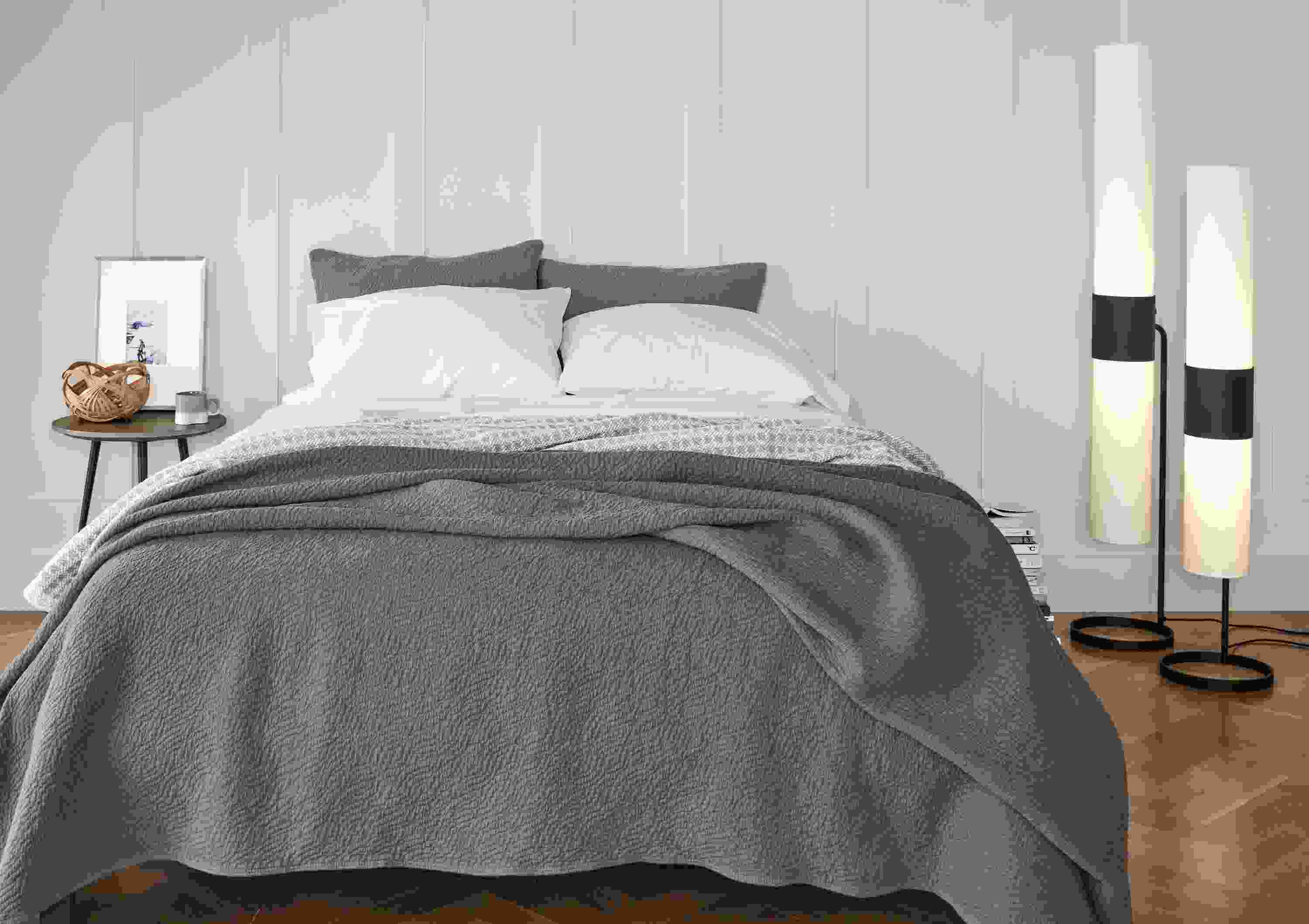 Detail of Thea Matelasse Euro Sham in charcoal fabric.