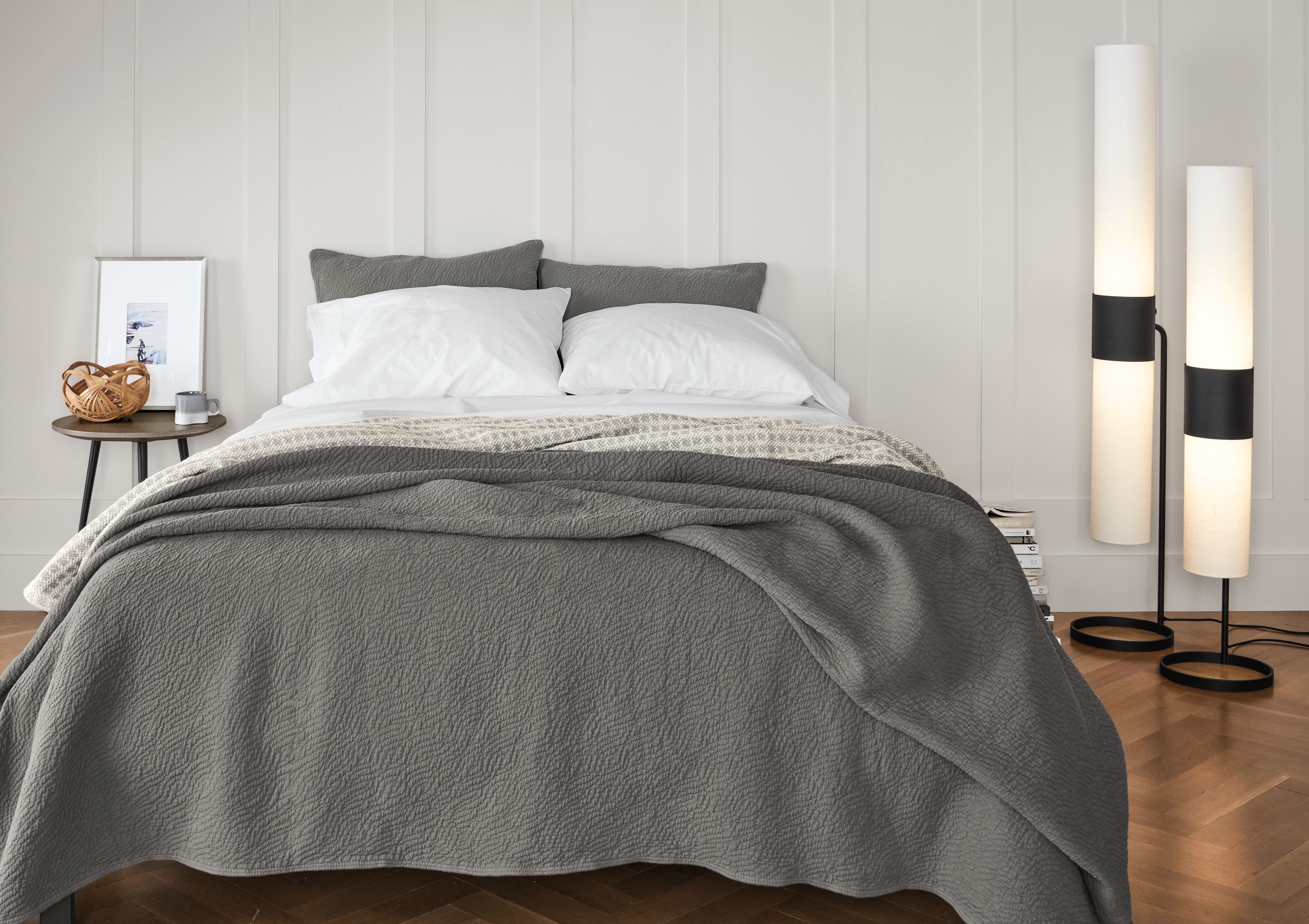 Detail of Thea Matelasse Euro Sham in charcoal fabric.