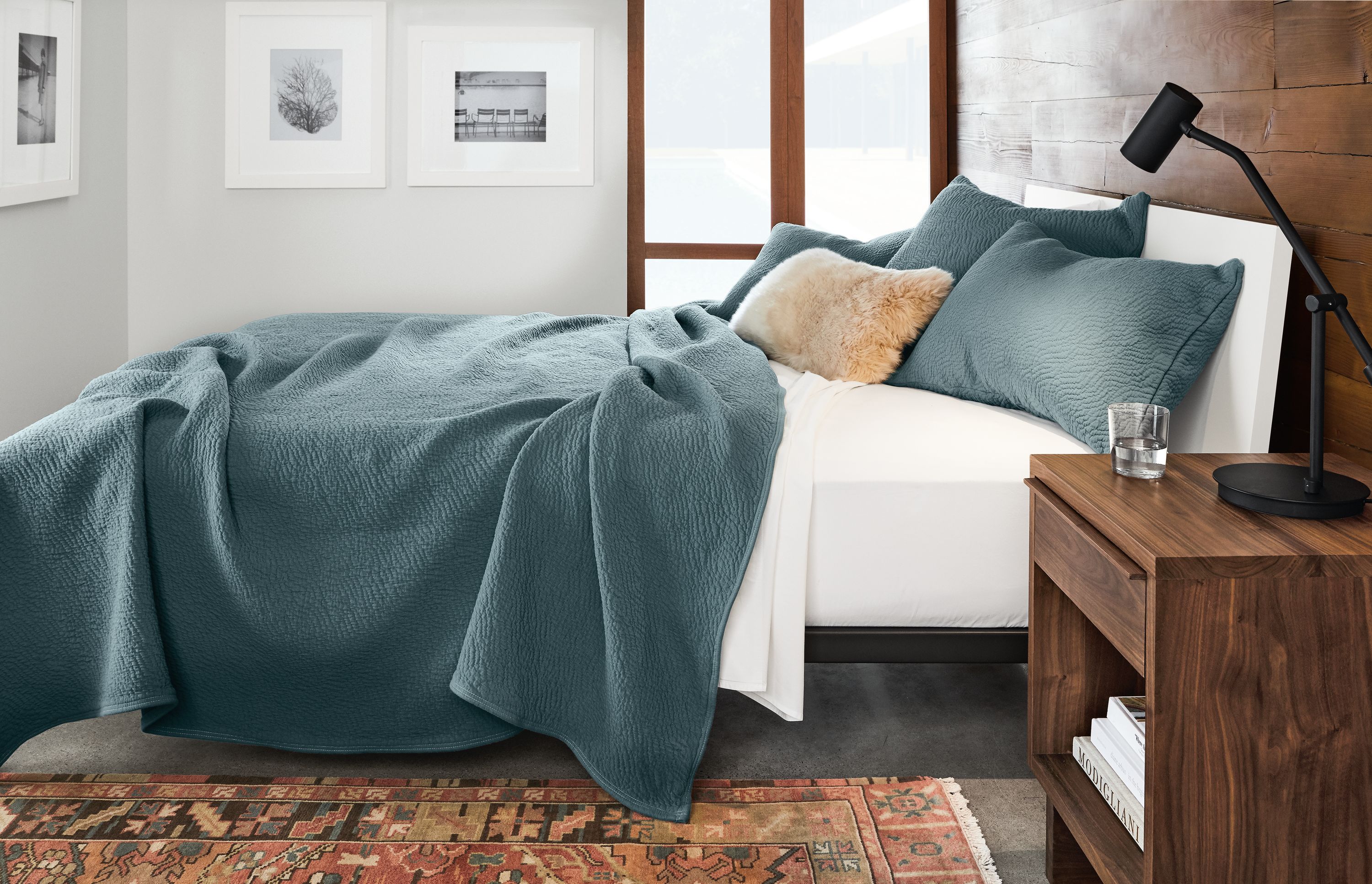 Detail of Thea Matelasse coverlet in spa.