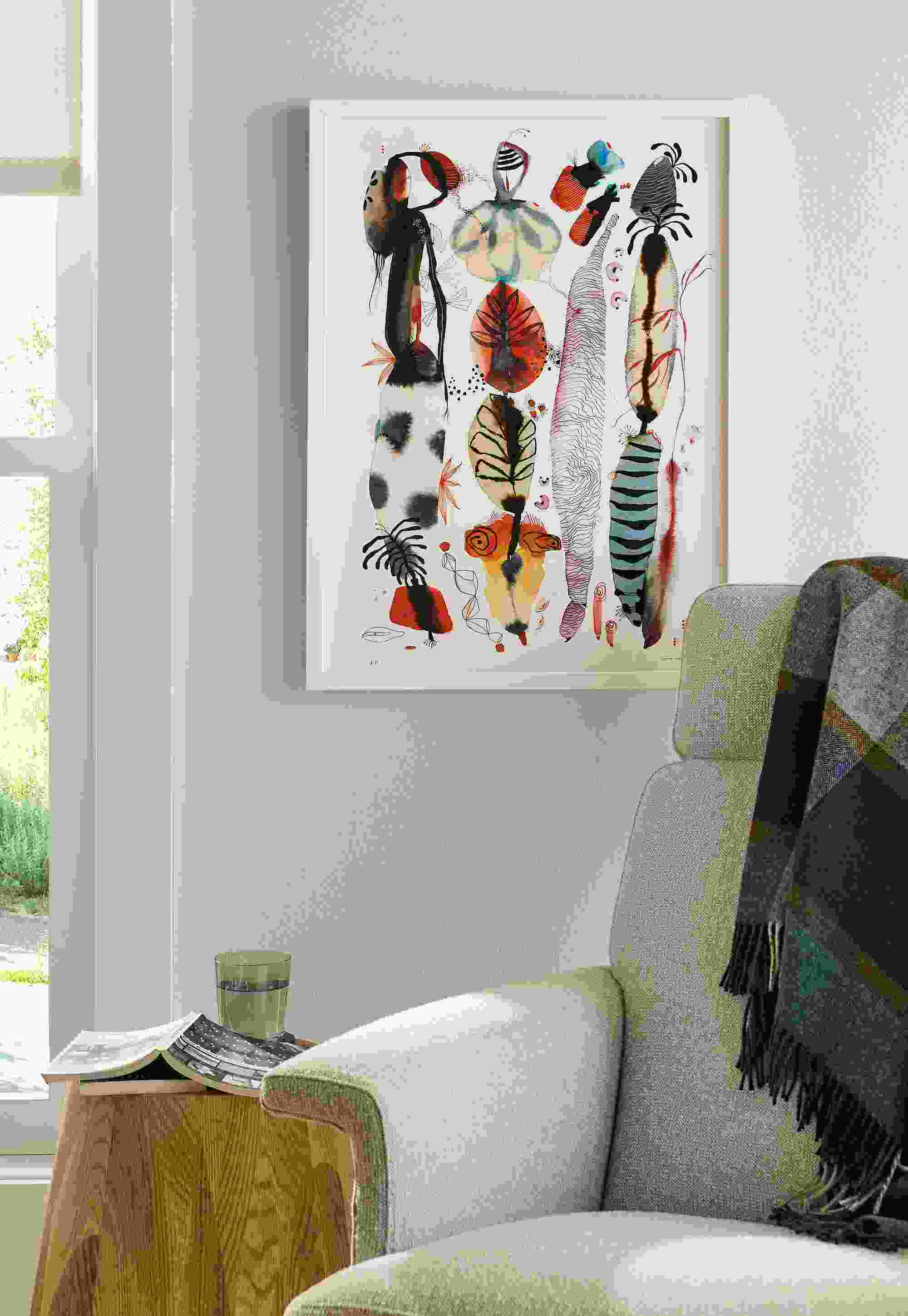 Living room with detail of suyao tian artwork reverie reverberations #2, and daniel swivel chair in conley natural.