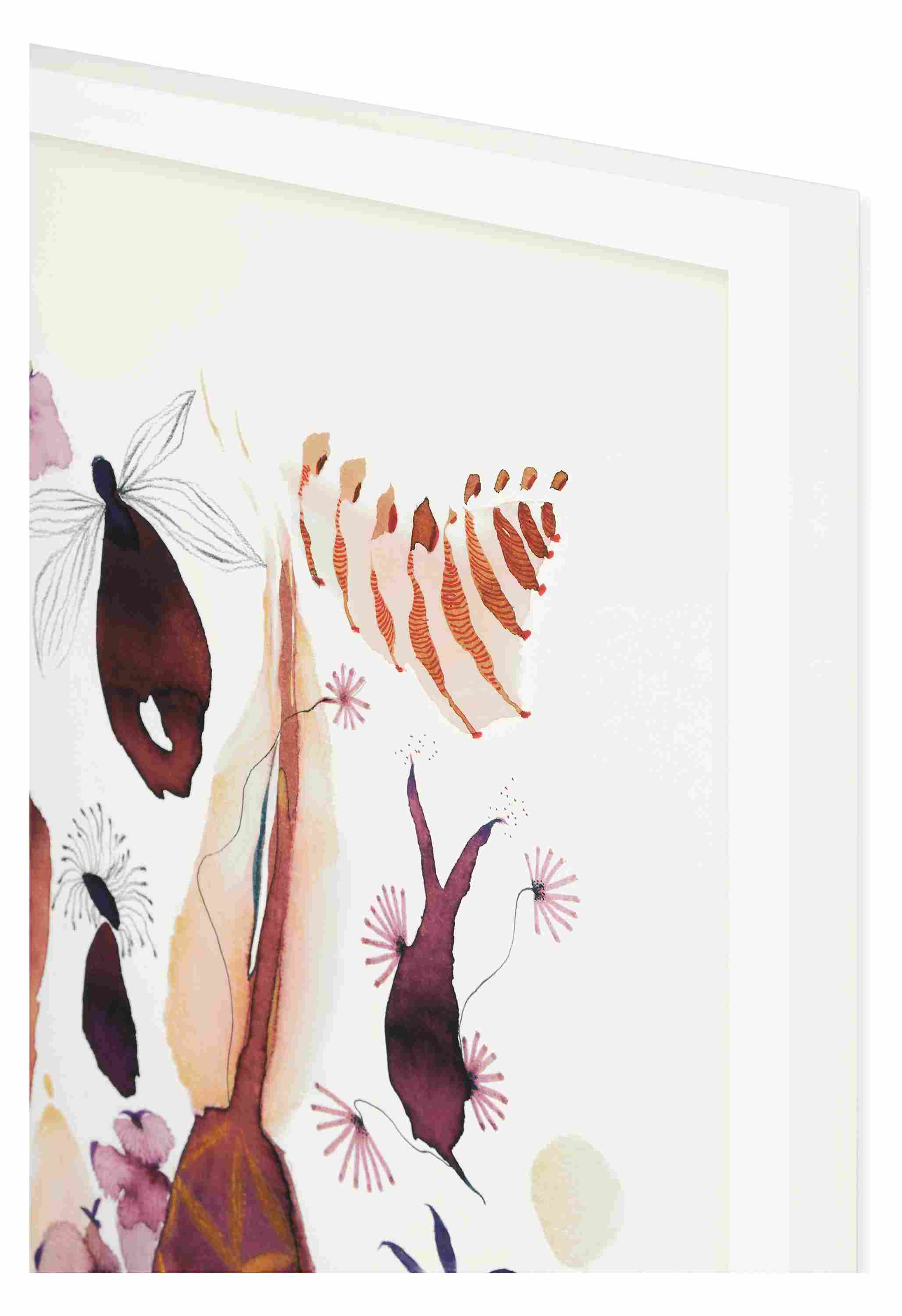 Corner frame detail of Suyao Tian wall art with white frame.