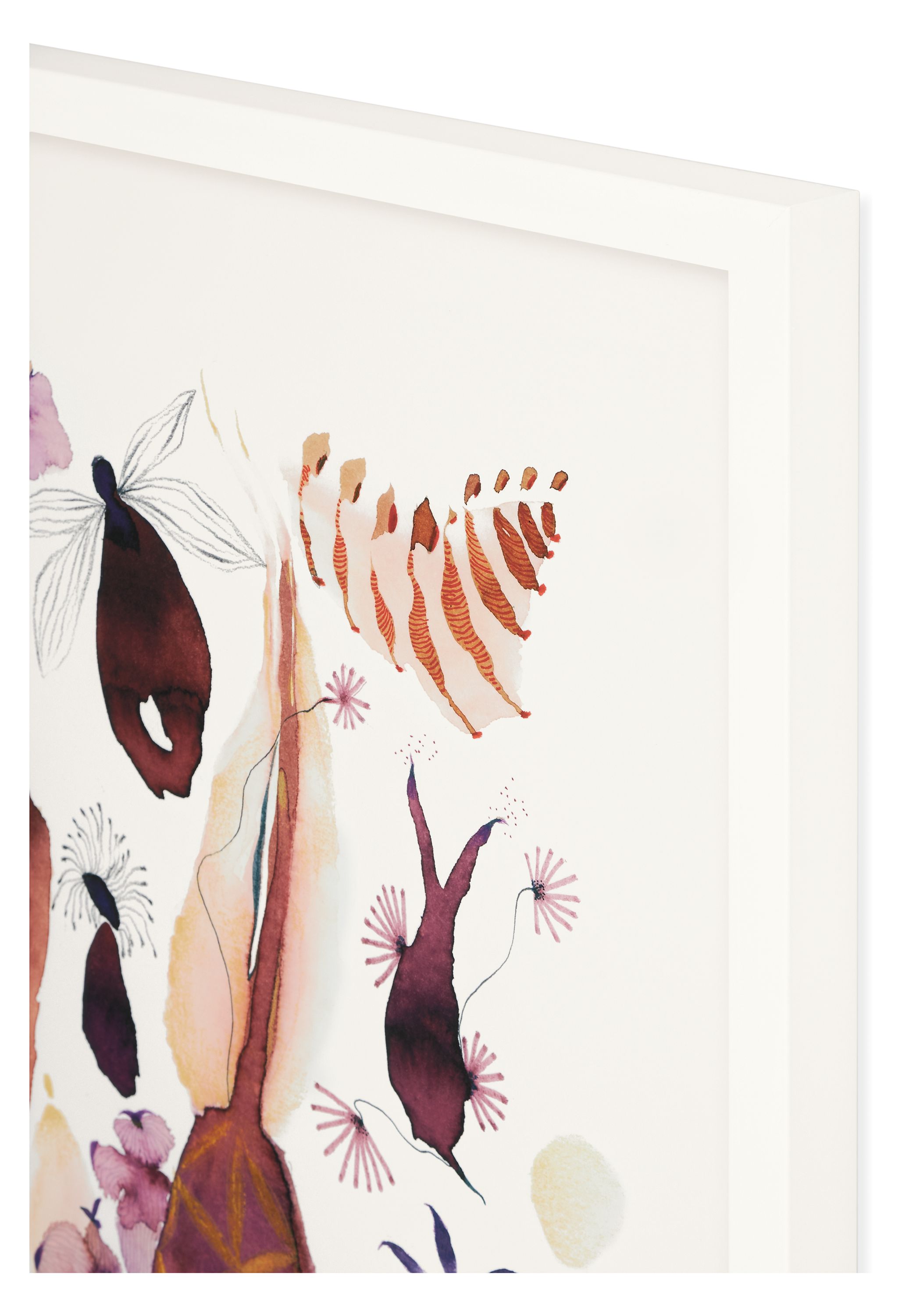 Corner frame detail of Suyao Tian wall art with white frame.