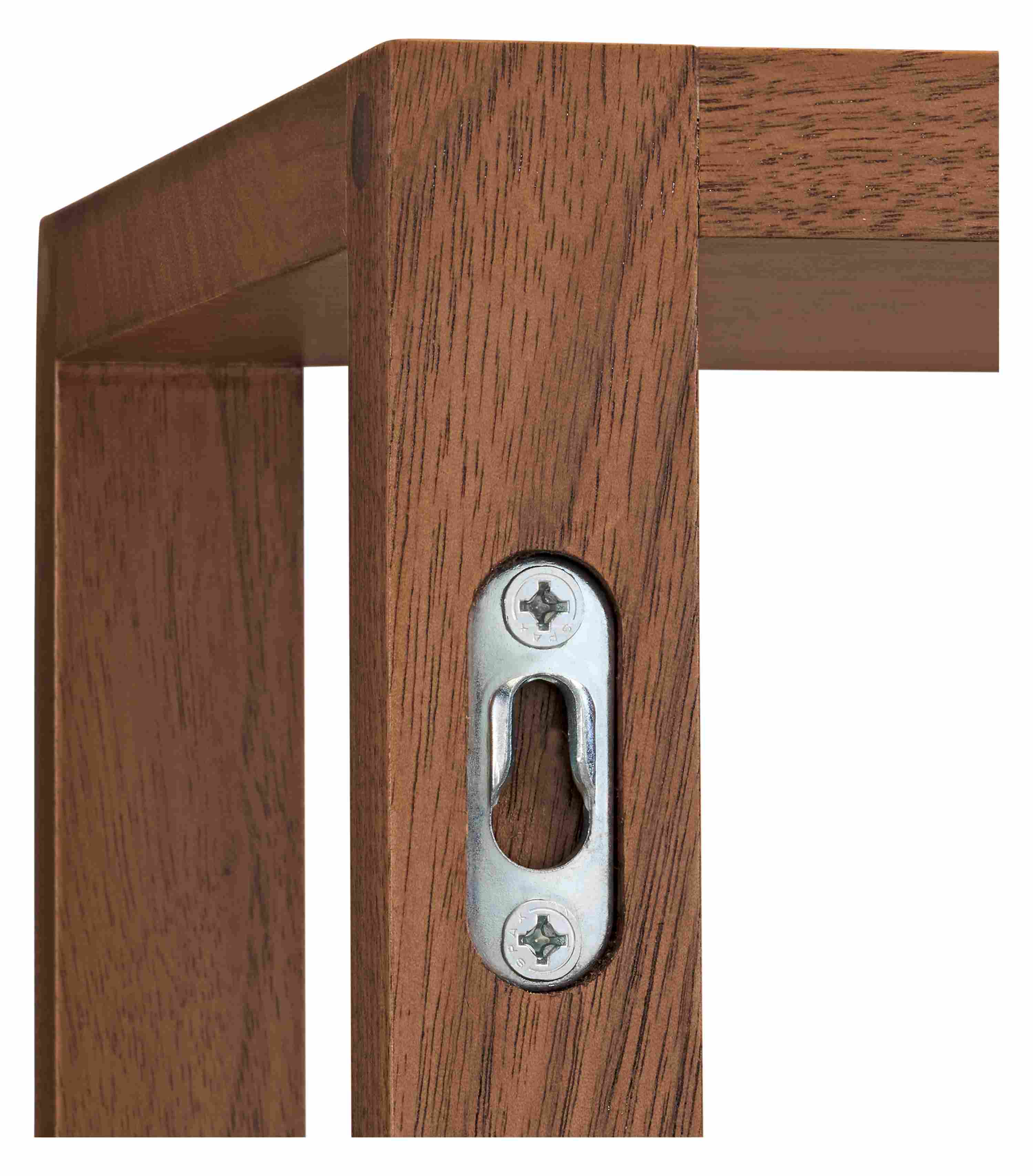 Detail of hanging bracket on the back of a tobias 36-wide two-shelf wall unit in walnut.