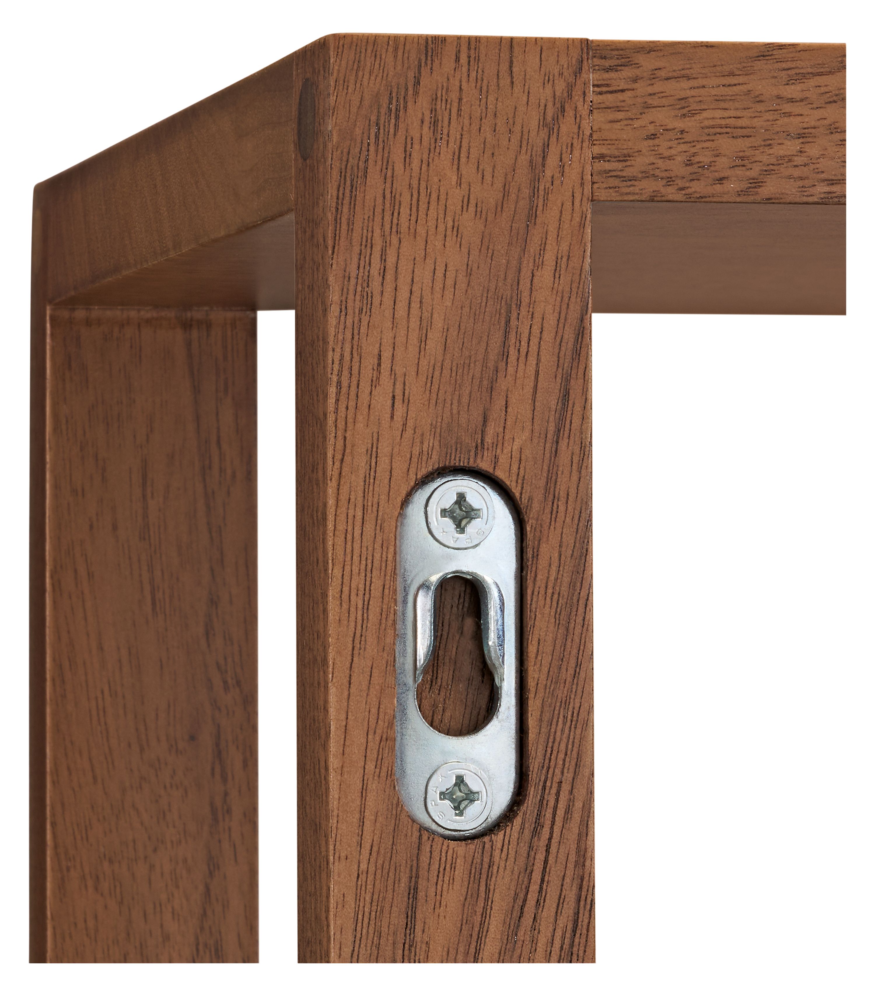 Detail of hanging bracket on the back of a tobias 36-wide two-shelf wall unit in walnut.