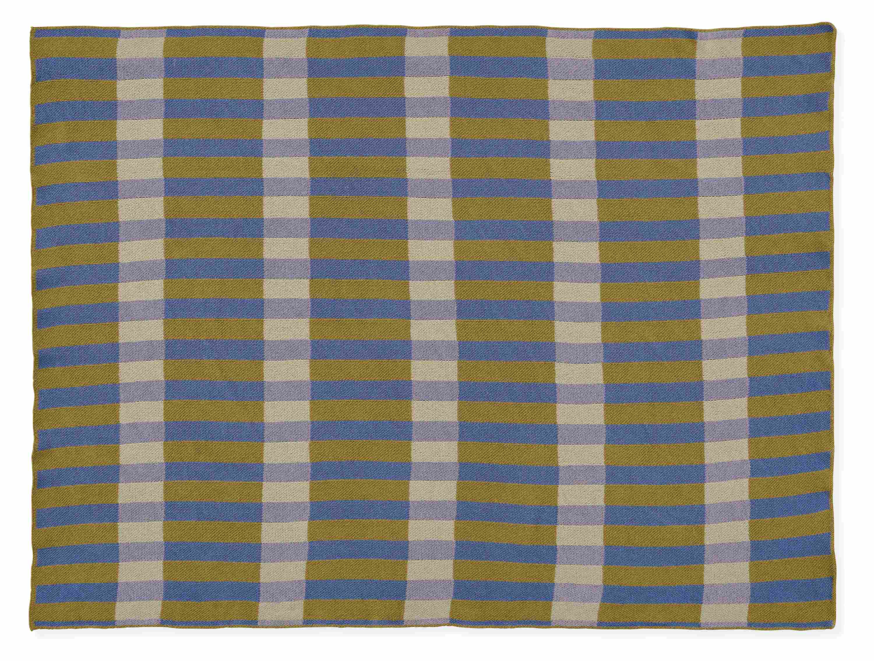 Overhead view of torrey throw blanket in blue/mustard.