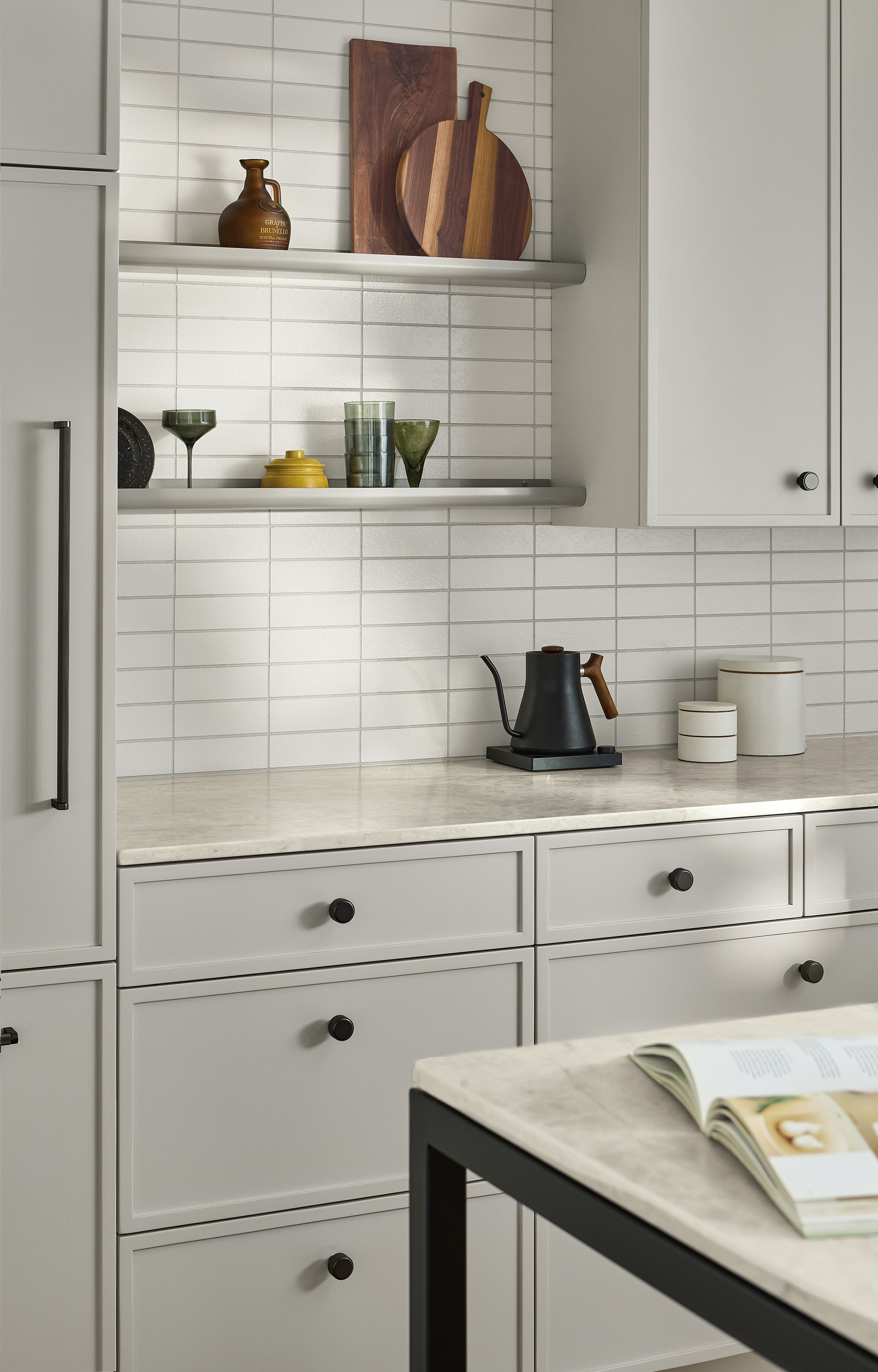 Kitchen with two 38-inch Trace custom picture ledges in taupe.