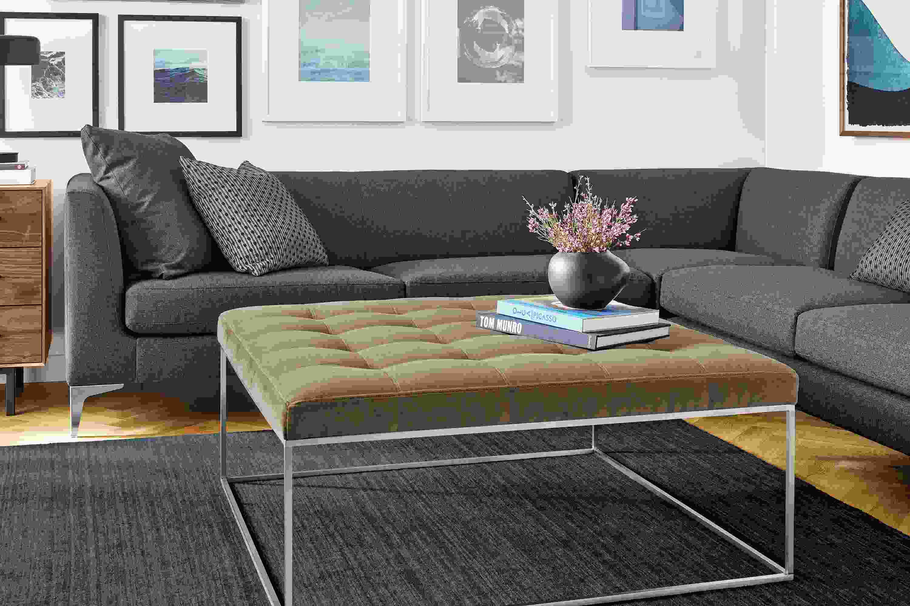 Living room with Tyne square bench in Windsor Otter and Sterling sectional in Myers Charcoal.