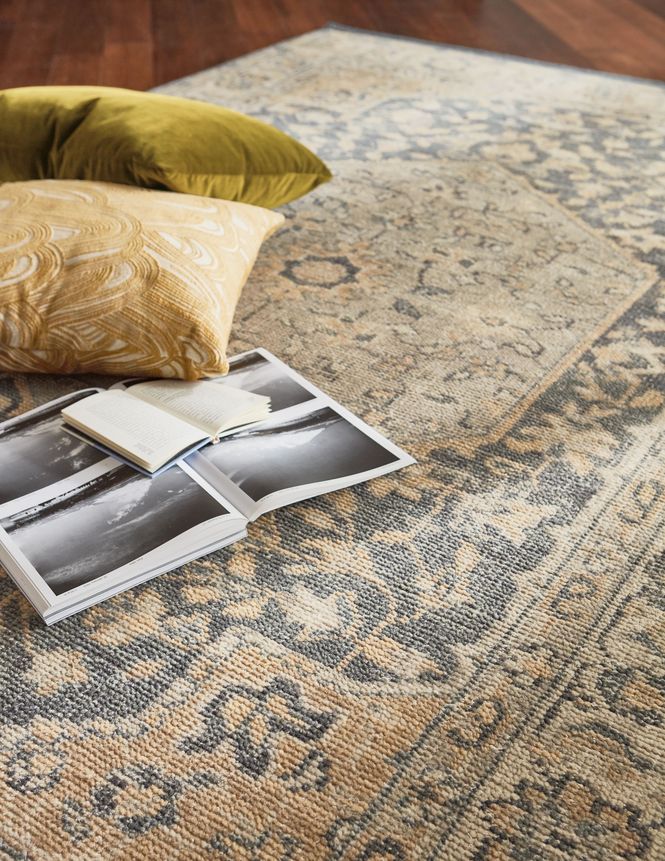 Veda Rug in Smoke, Velvet 21-square pillow in mustard and Billow 20-square pillow in Camel.