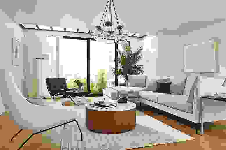 living room with vela sofa, seville chair and rhodes lounge chair.