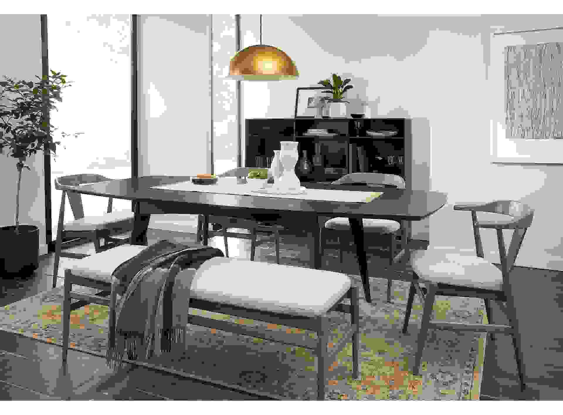 room setting including ventura dining extension table with 6 evan arm chairs, evan bench, veda rug.
