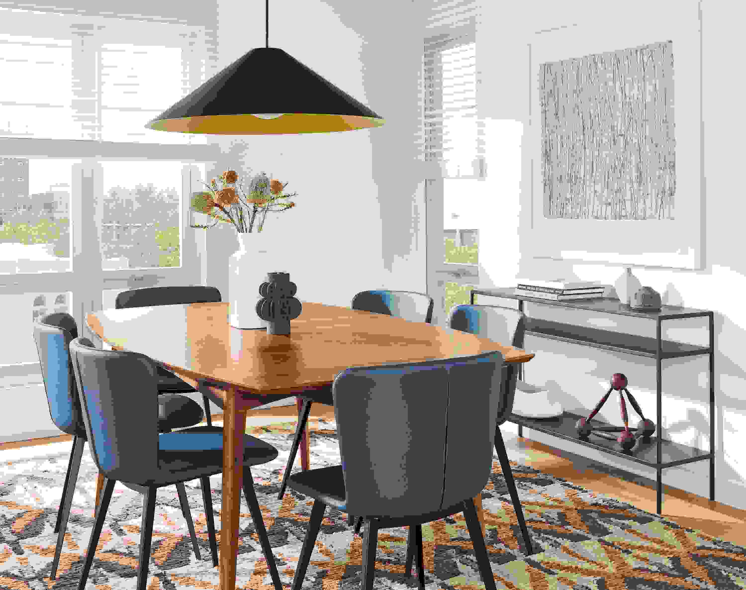dining room with ventura extension table in walnut and delilah dining chairs with blue leather seats