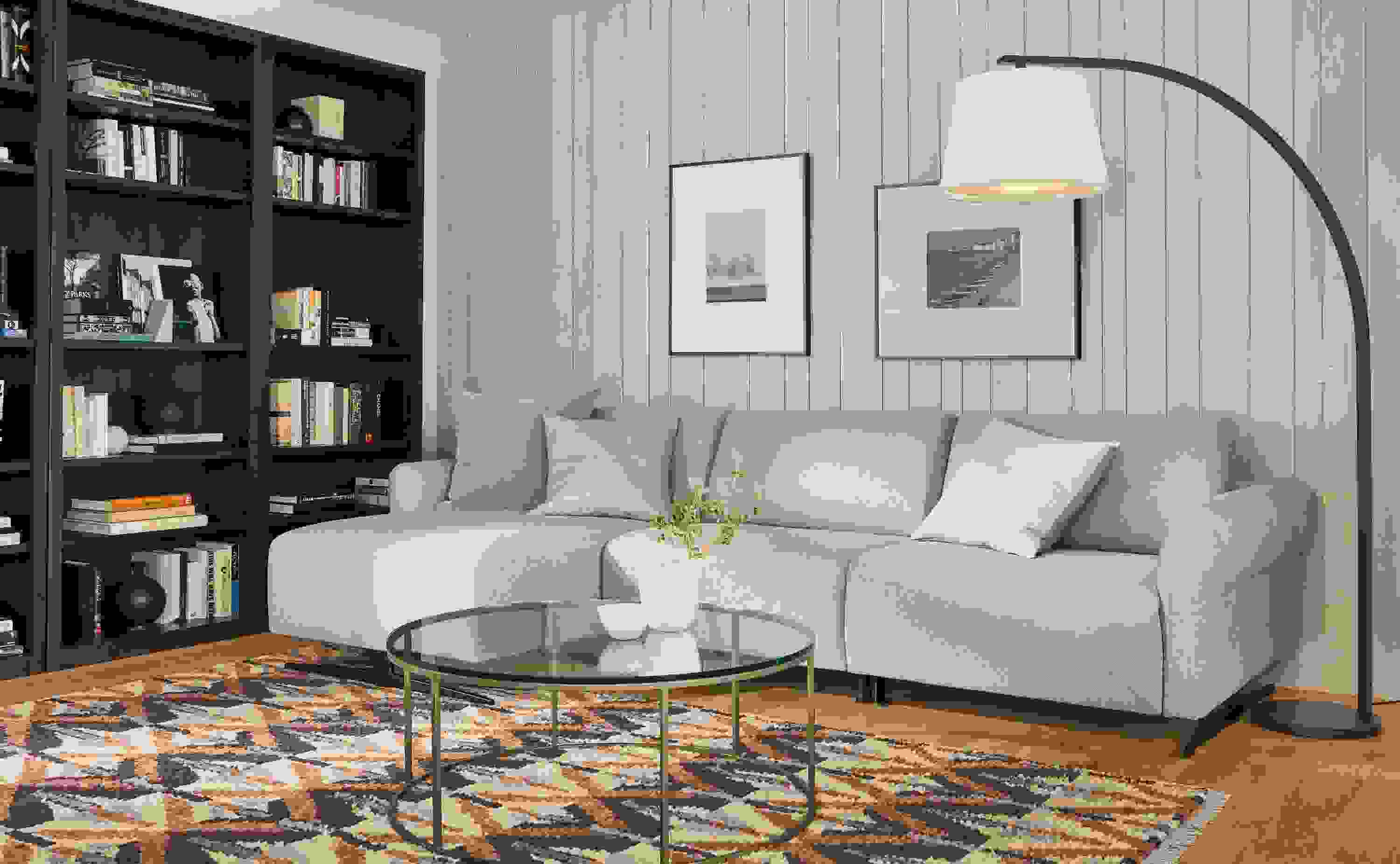 living room with vesna sofa in white fabric with all headrests and all footrests collapsed