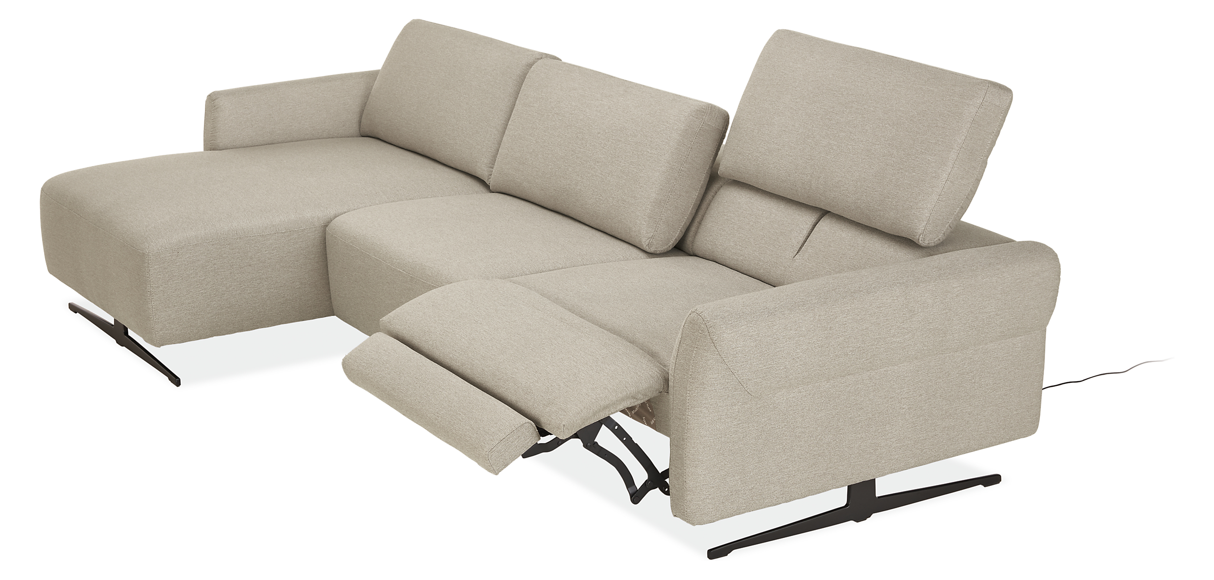 Detail of Vesna 3 piece sofa chaise with power in fabric shown in recline position with headrest in raised position.