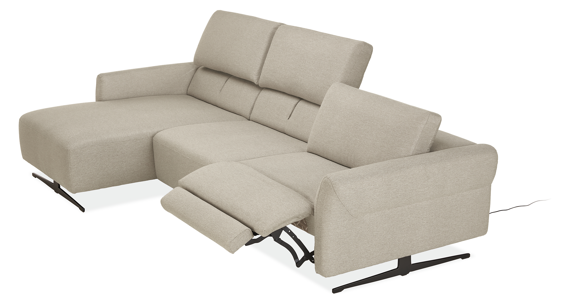 Detail of Vesna 3 piece sofa chaise with power in fabric shown in recline position with headrest raised on middle and chaise pieces.