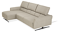 Detail of Vesna 3 piece sofa chaise with power in fabric shown with headrest raised on all 3 pieces.