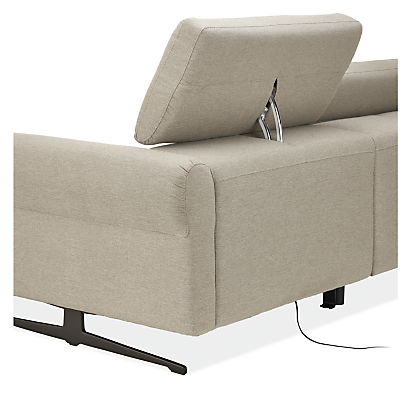 Back detail of Vesna 3 piece sofa with power in fabric showing headrest in raised position.