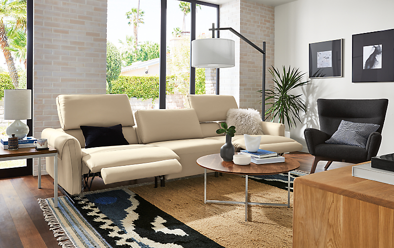 living room with vesna sofa in nikola leather with two headrests extended and two footrests extended