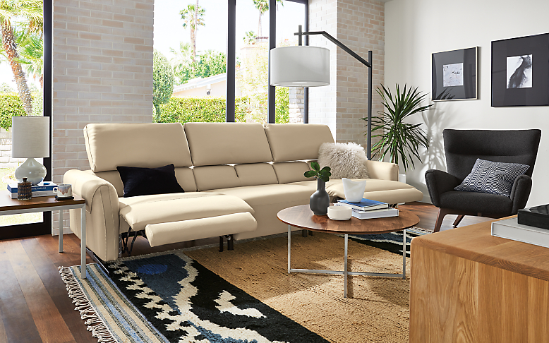 living room with vesna sofa in nikola leather with three headrests extended and two footrests extended