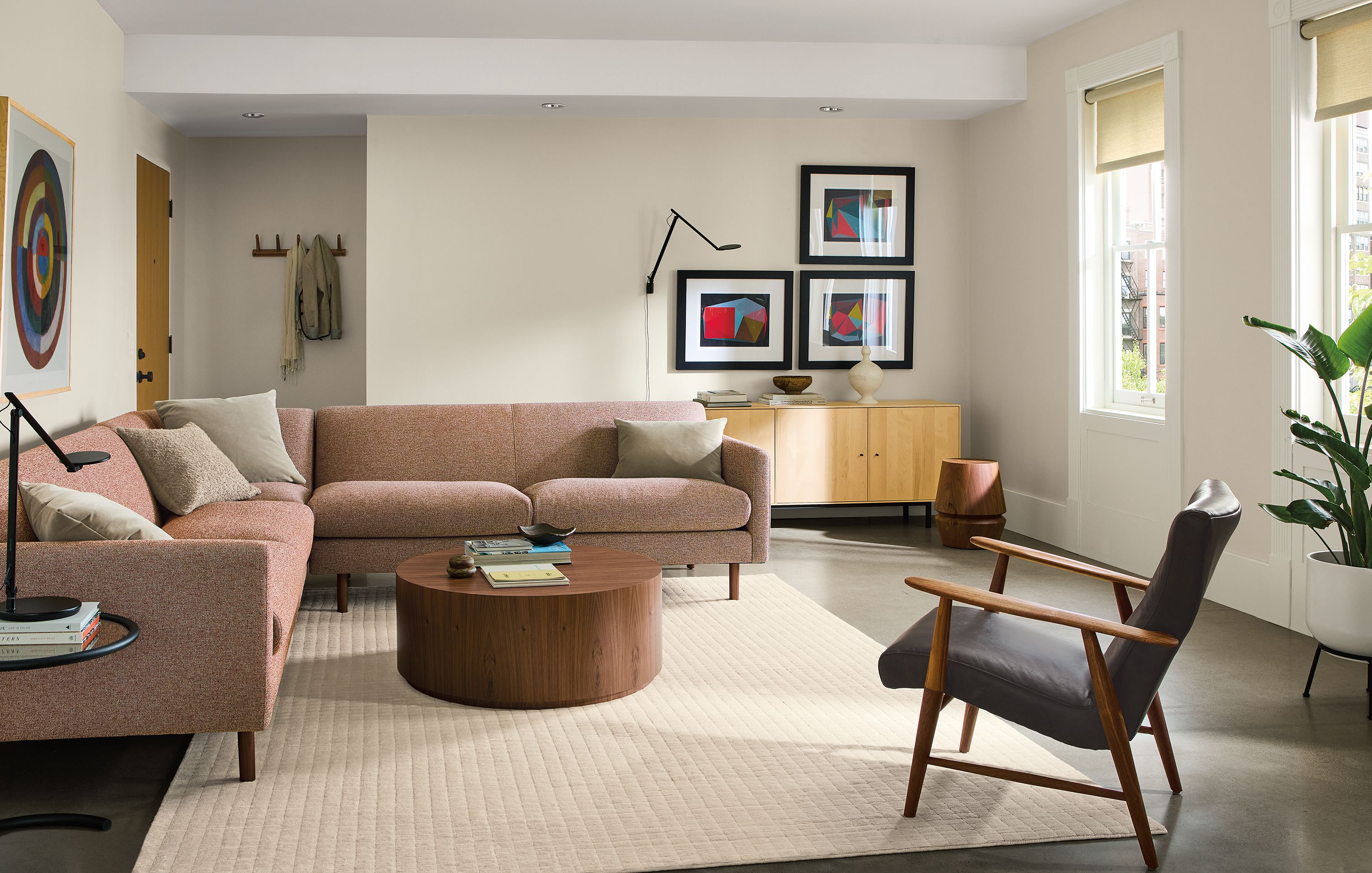 112x112" three-piece sectional in Tatum clay fabric