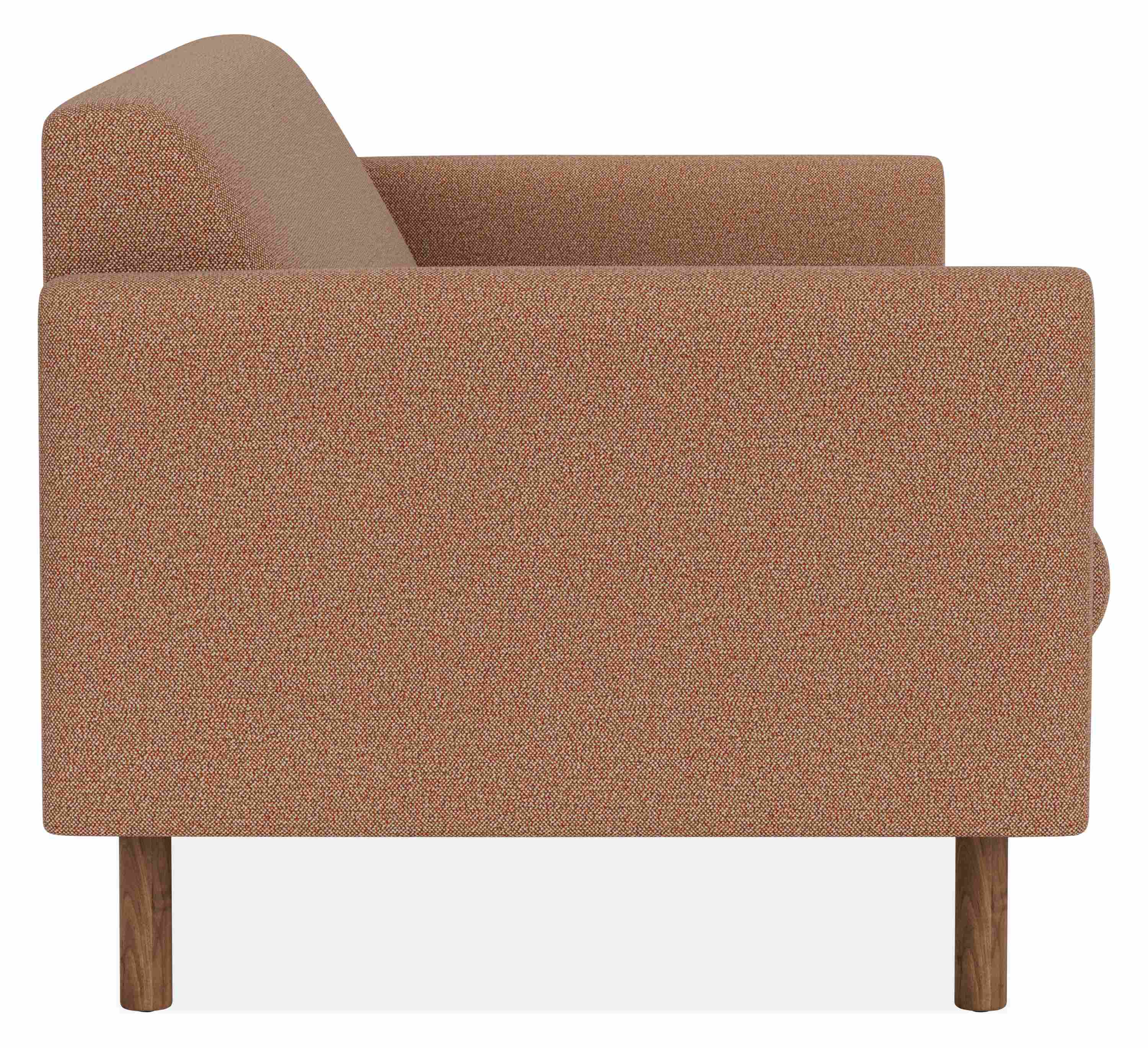 Side view of Vienna 80-wide Sofa in Tatum Clay Fabric and Walnut legs.