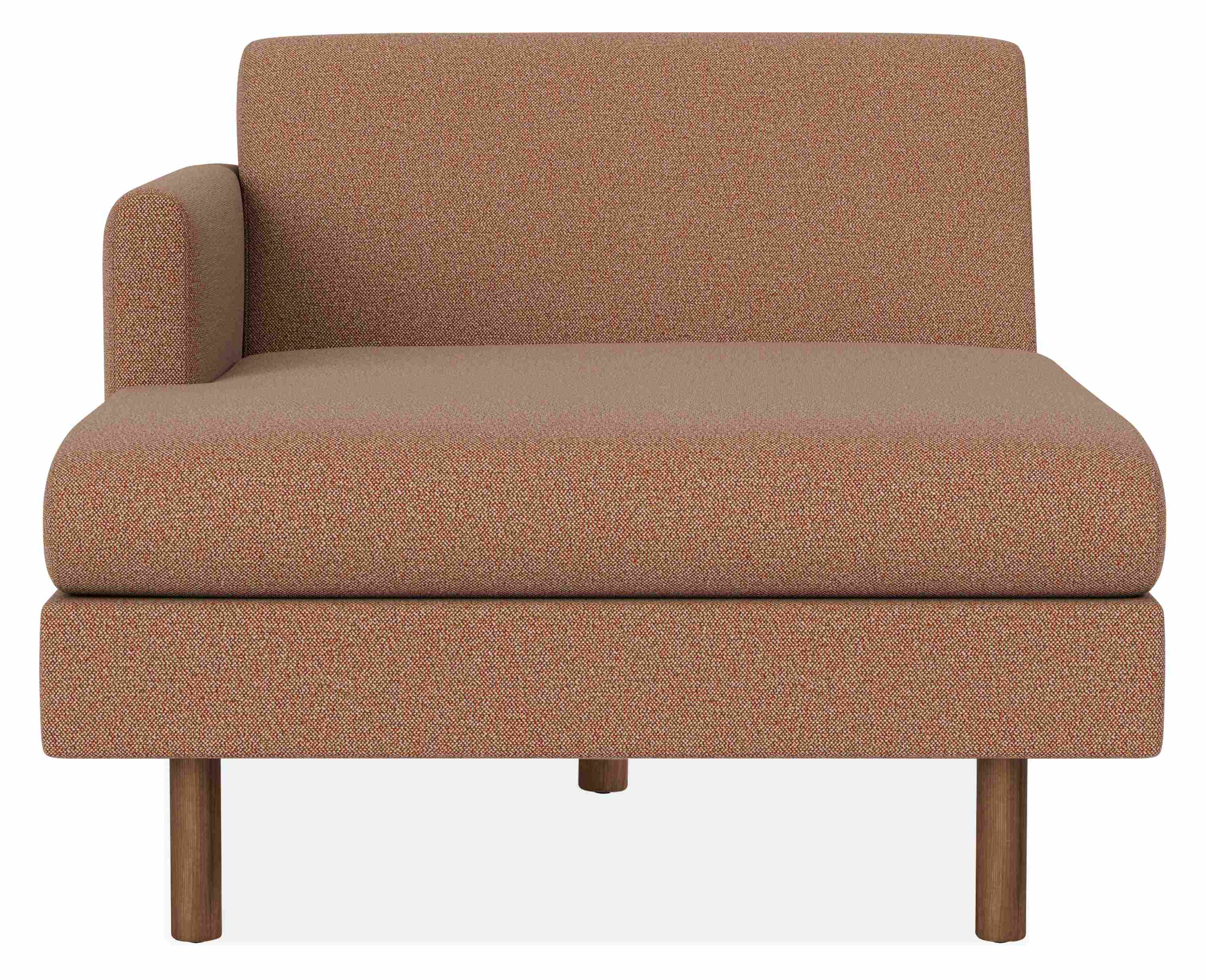 Front view of Vienna Left-Arm Chaise in Tatum Clay Fabric and Walnut legs.