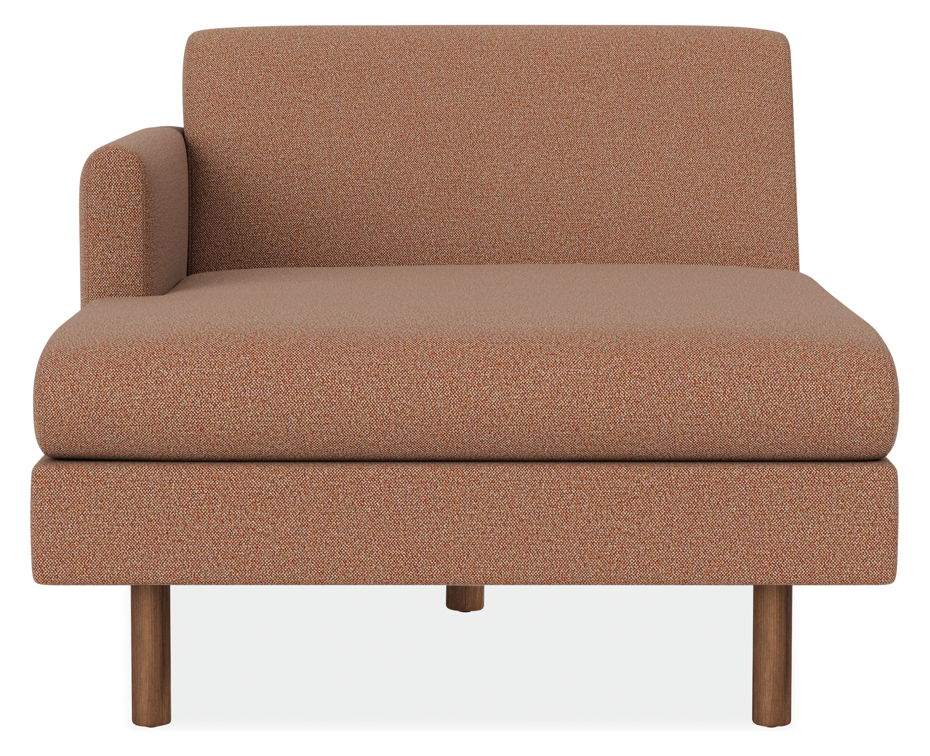 Front view of Vienna Left-Arm Chaise in Tatum Clay Fabric and Walnut legs.