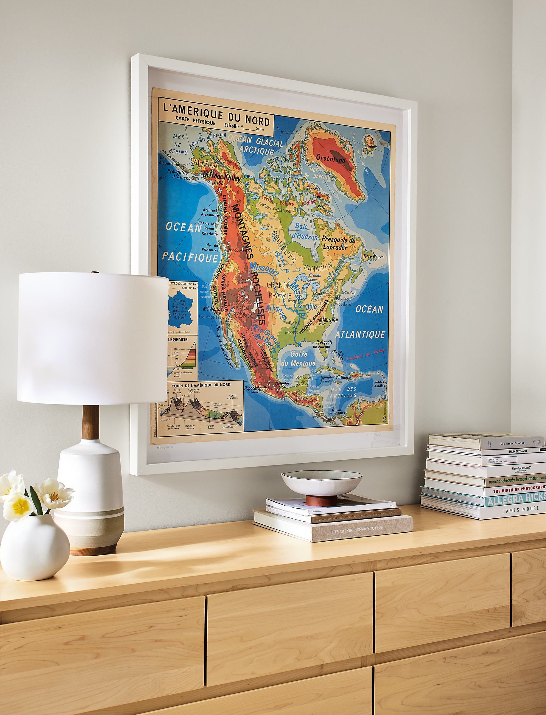Close-up of vintage medium vertical French school map with white frame and Arrow ten-drawer dresser in maple.