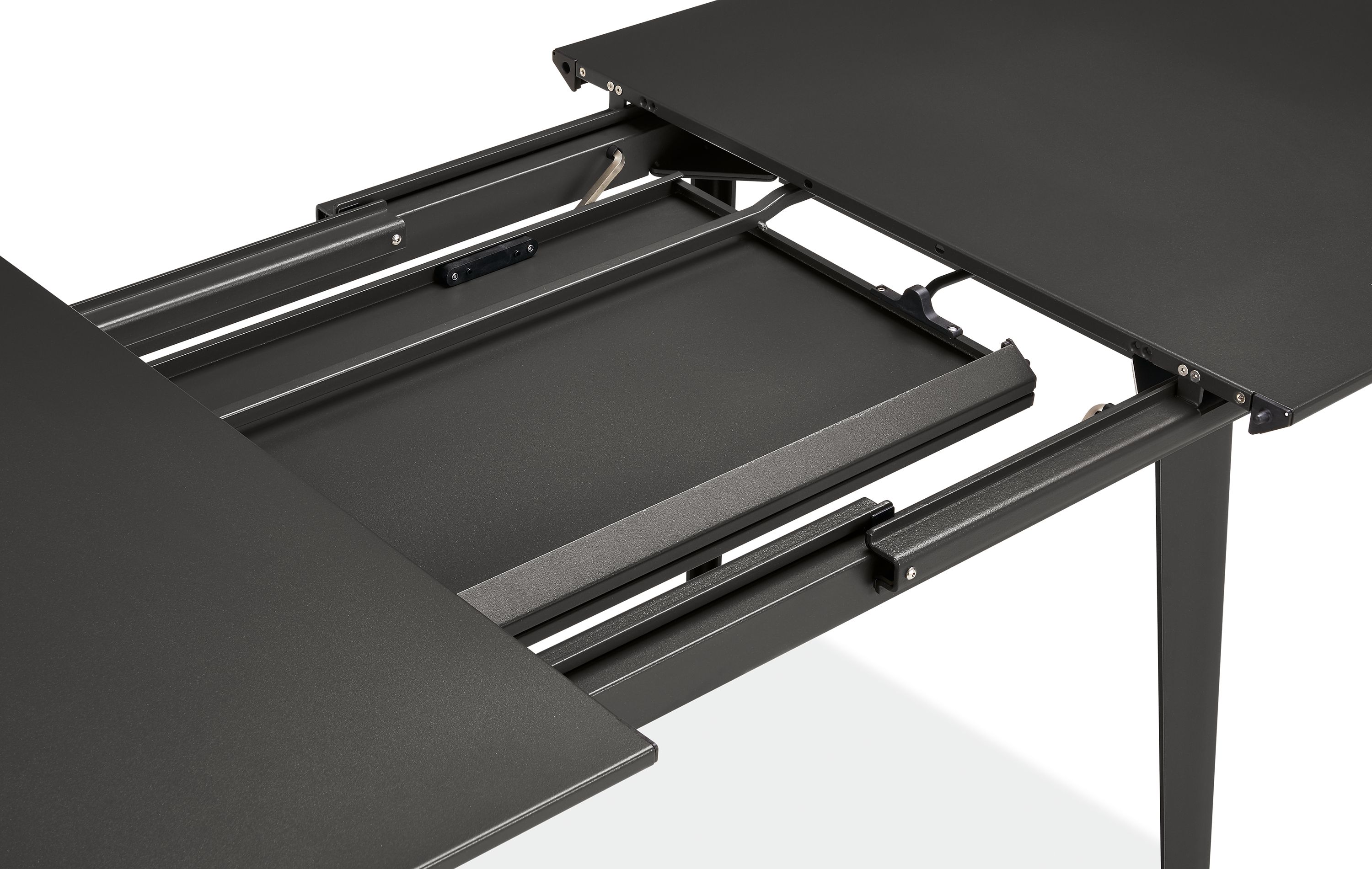 Detail of Vista 63w 36d 30h Extension Table with One 44 Leaf in Graphite.