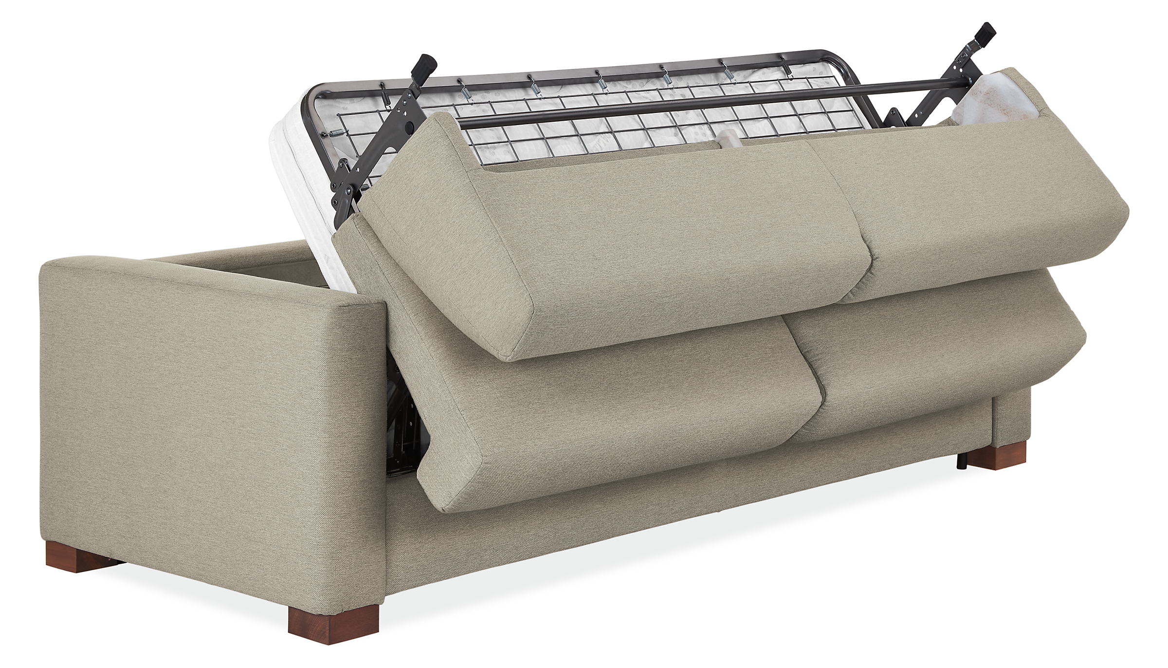 angled view of viva 86-wide fold-out sleeper sofa halfway through extension.