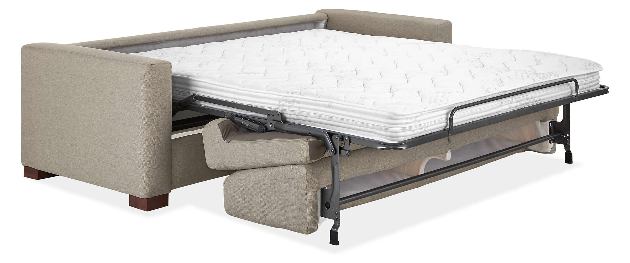 angled view of viva 86-wide fold-out sleeper sofa fully extended to reveal mattress.