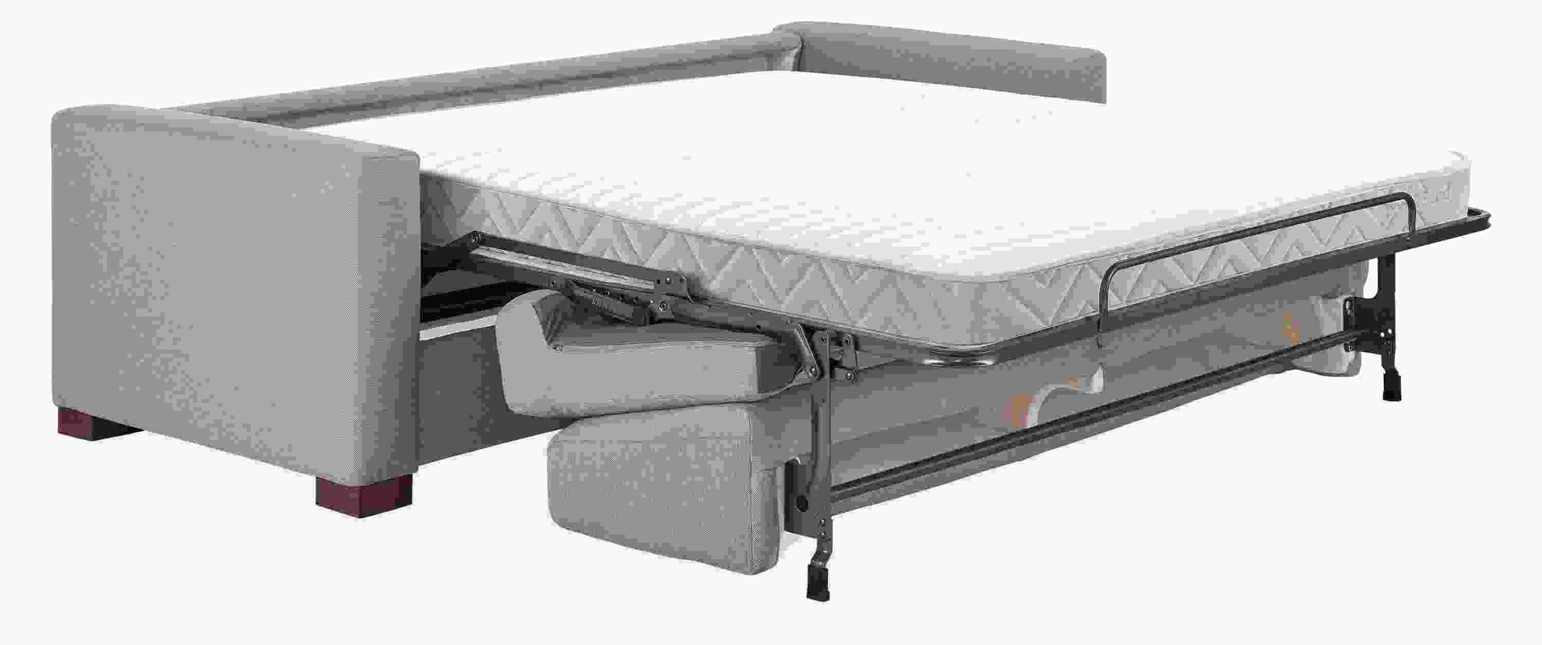 angled view of viva 86-wide fold-out sleeper sofa fully extended to reveal mattress.