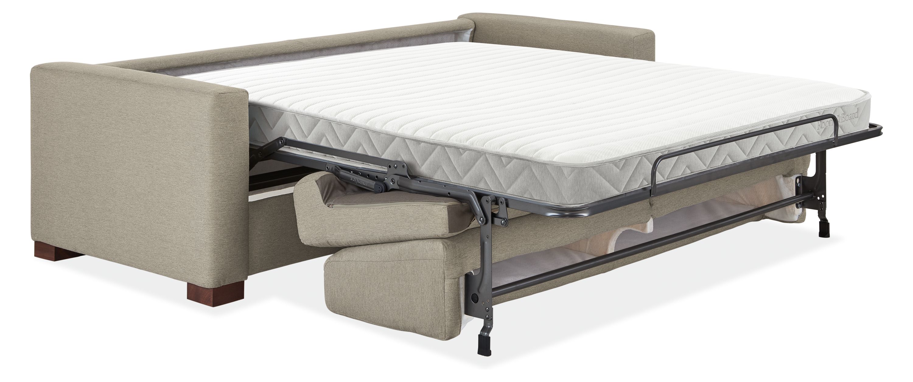 angled view of viva 86-wide fold-out sleeper sofa fully extended to reveal mattress.
