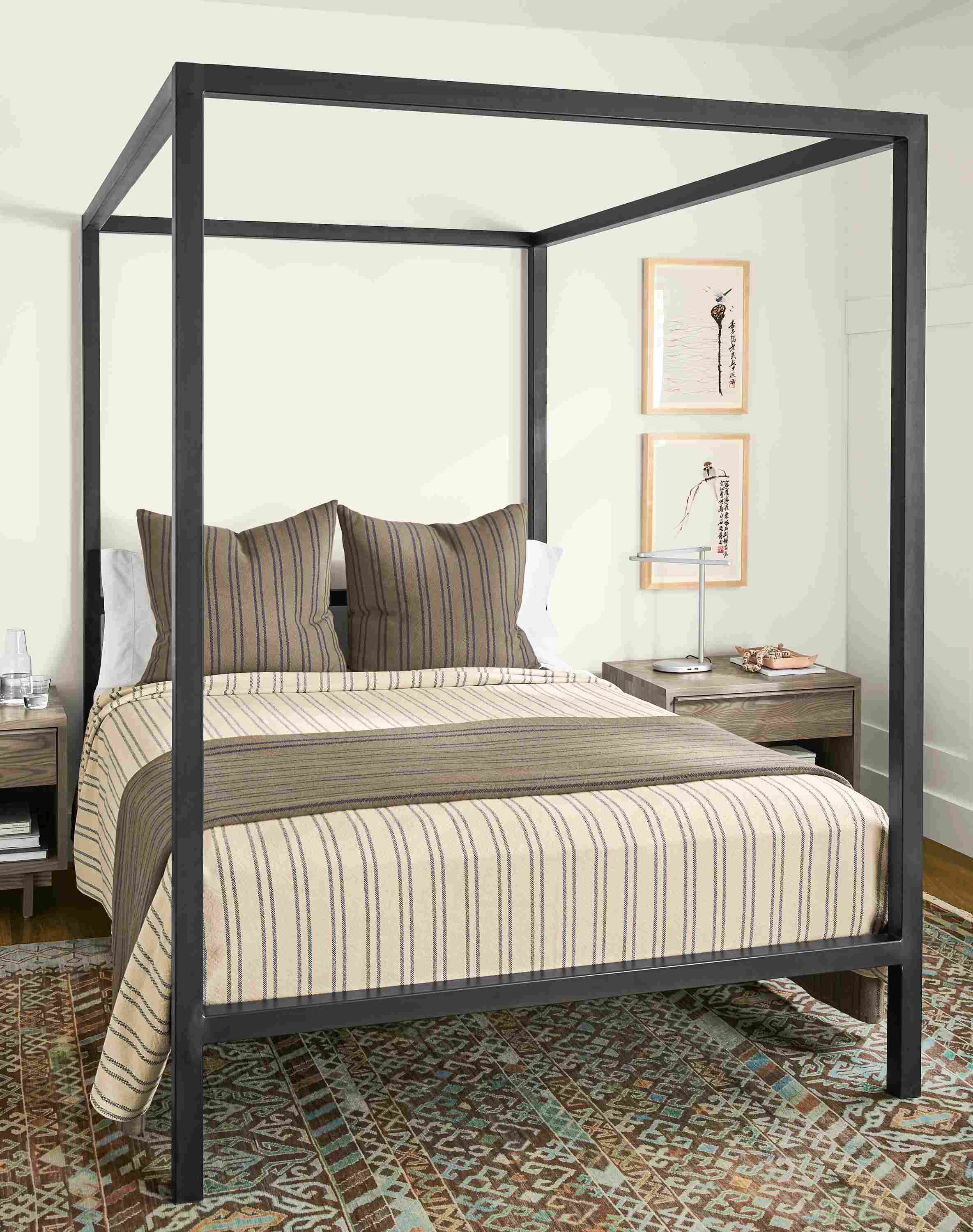 Detail of 2 Wakefield blankets and Wakefield euro sham on an Architecture queen bed in natural steel.