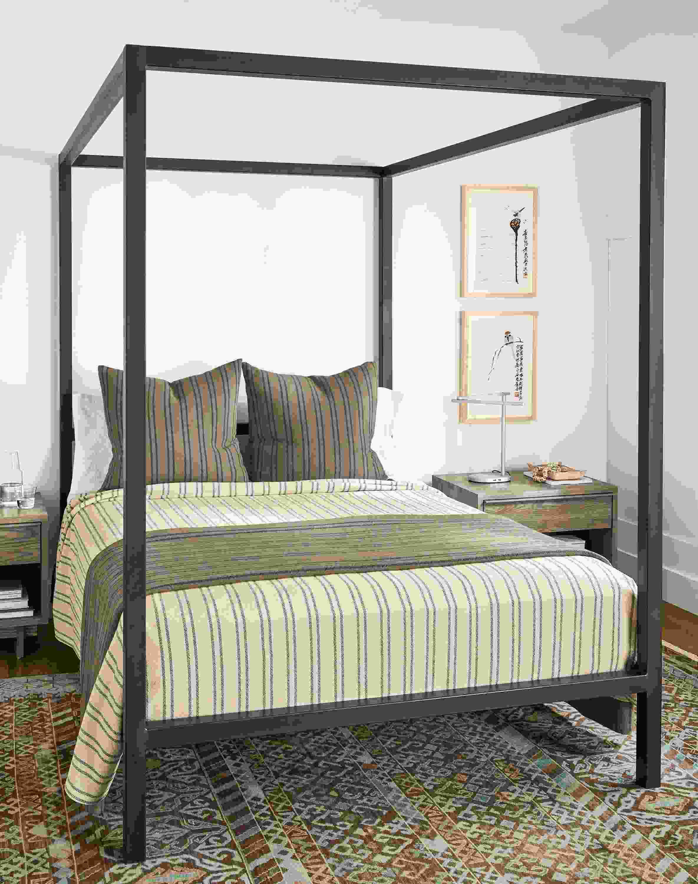 Detail of 2 Wakefield blankets and Wakefield euro sham on an Architecture queen bed in natural steel.