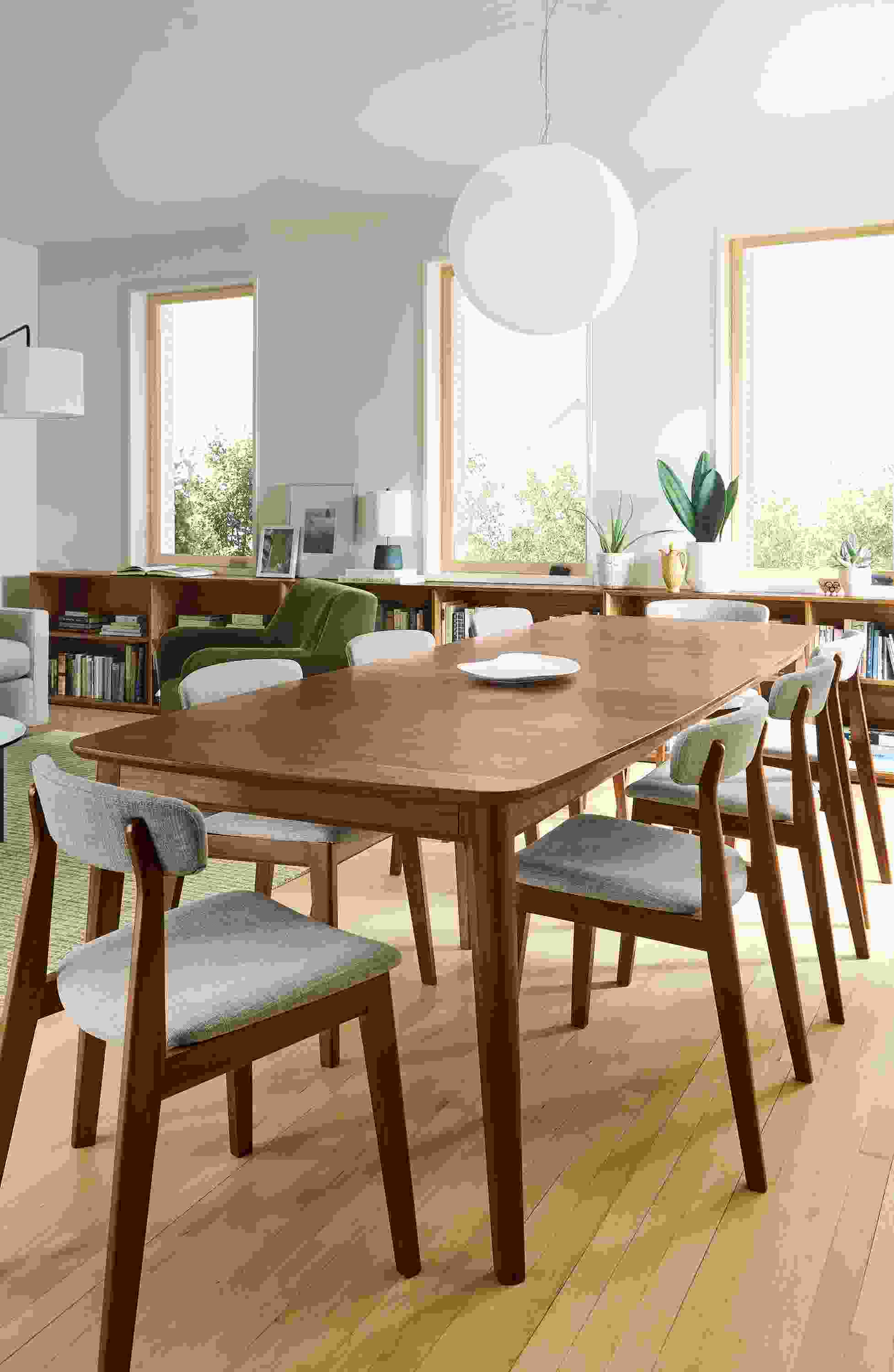 Great room with Walcott 86-wide extension table in walnut and 6 Errol side chairs in walnut with Warner Putty fabric.