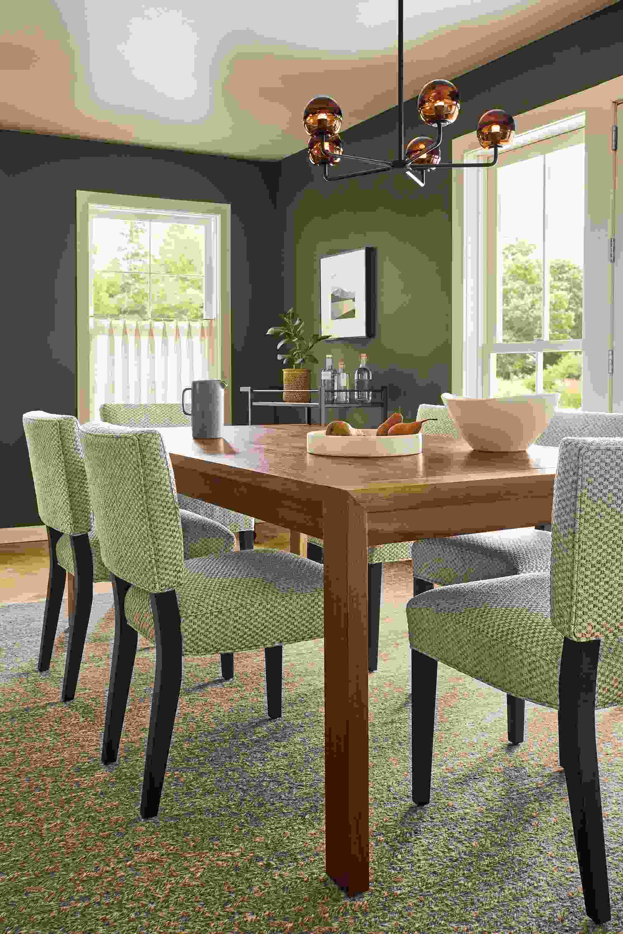 Dining room with Walsh 80-wide table in walnut and 6 Georgia side chairs in Lang Grey with charcoal legs.