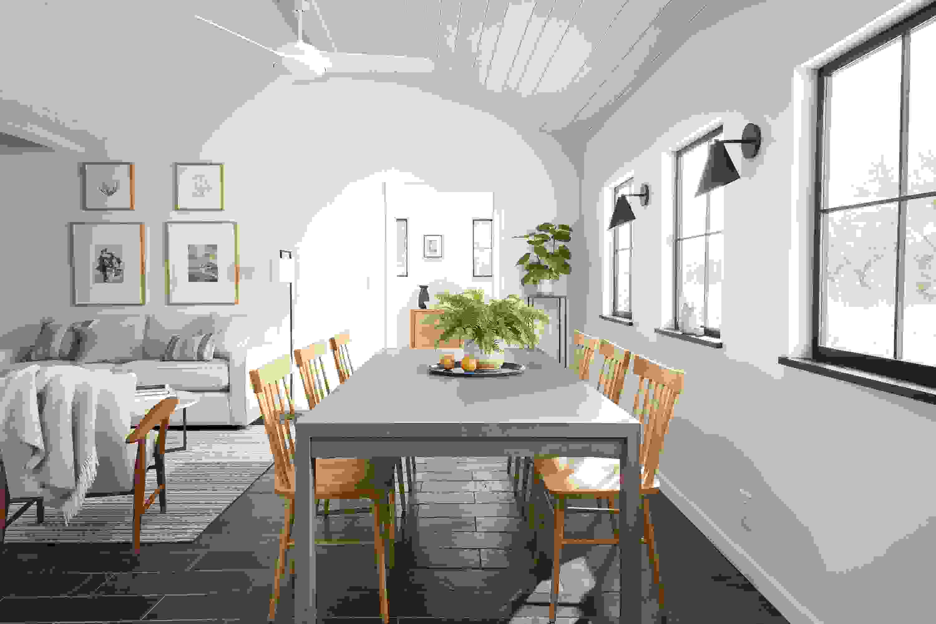 Dining room setting with Walsh 96-inch dining table in shell with Thatcher side chairs in white oak.