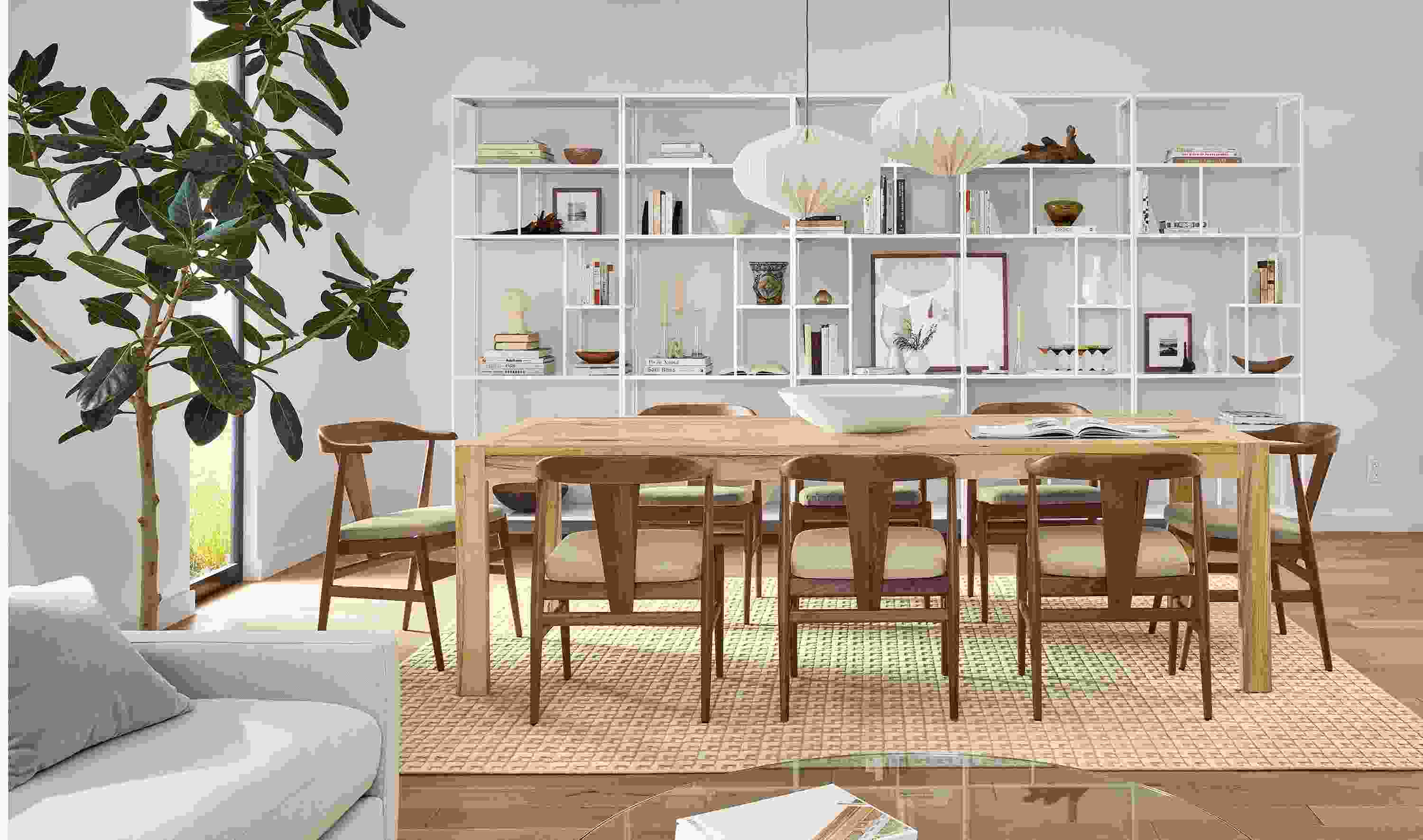 Dining room with Walsh table in sugarberry and Evan armchairs in myers taupe and walnut.