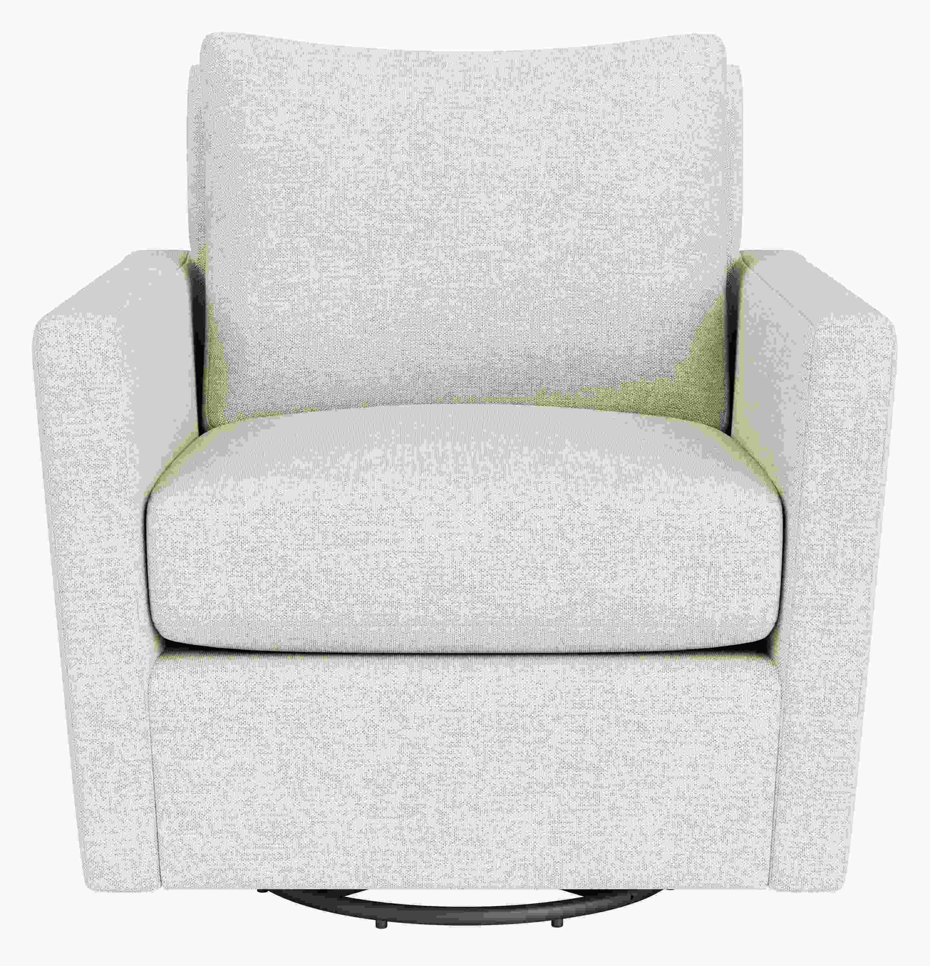 Front view of Ward Swivel Glider in Sumner Ivory with black powder-coat base.