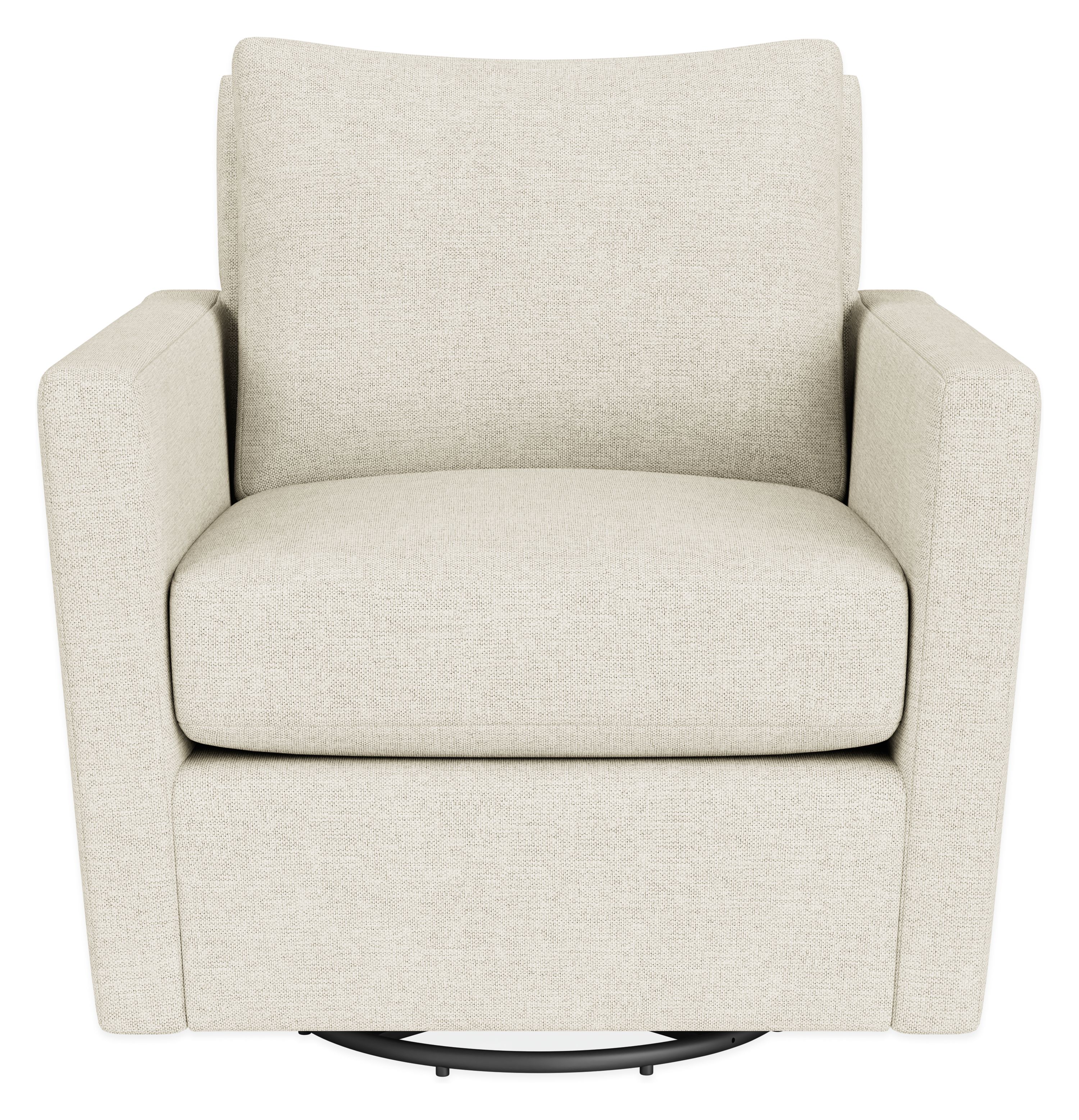 Front view of Ward Swivel Glider in Sumner Ivory with black powder-coat base.