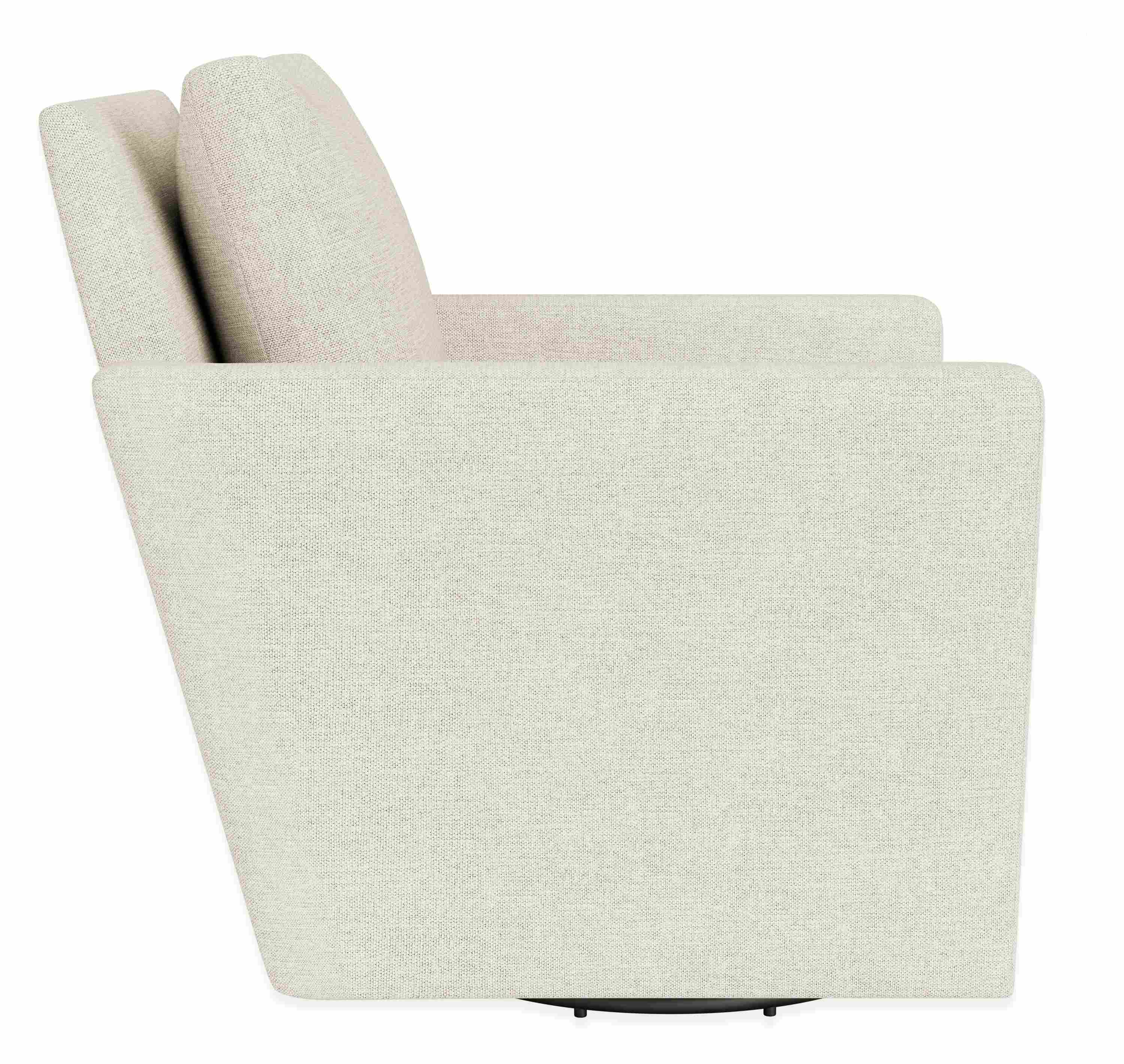 Profile  view of Ward Swivel Glider in Sumner Ivory with black powder-coat base.