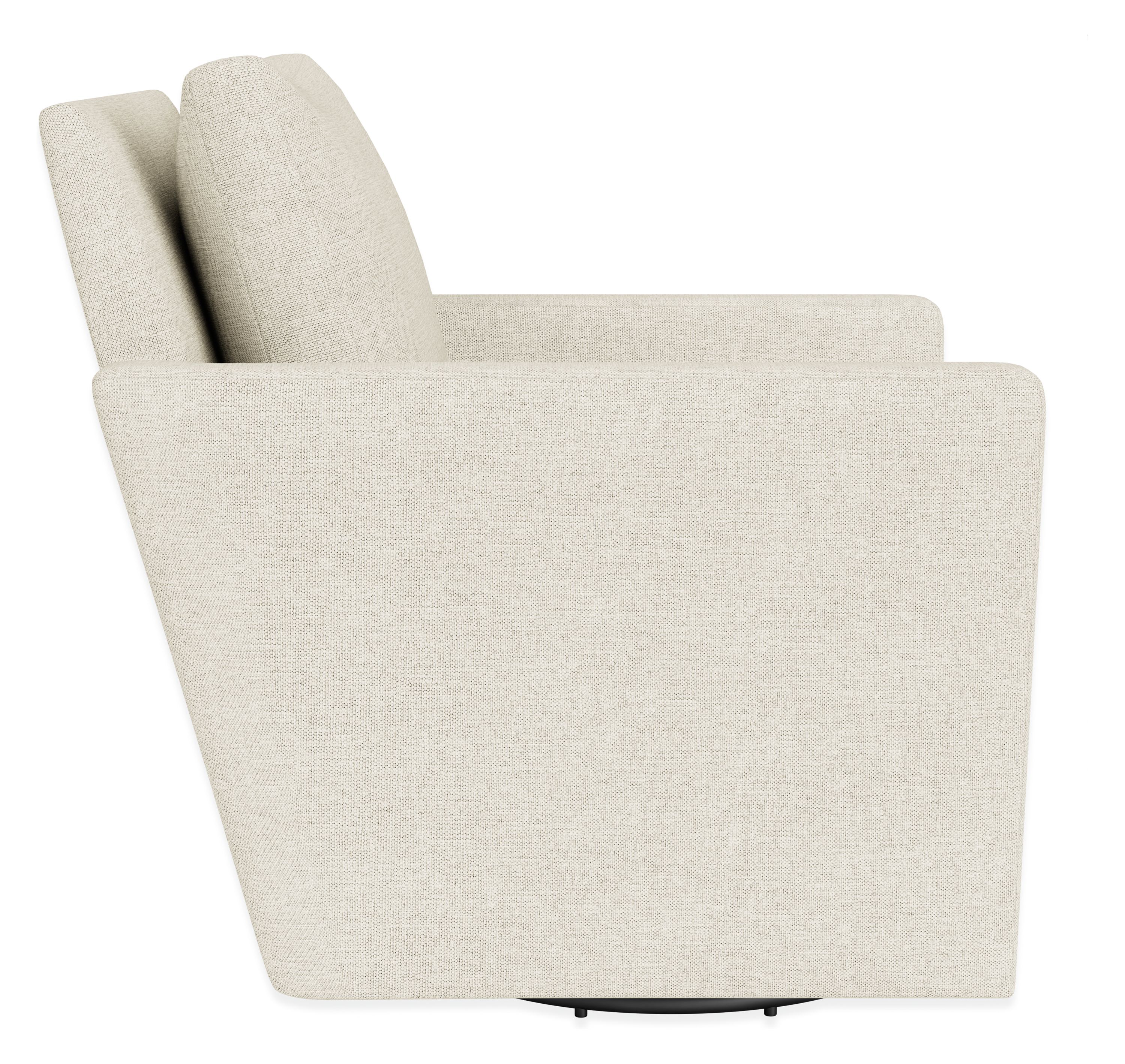 Profile  view of Ward Swivel Glider in Sumner Ivory with black powder-coat base.