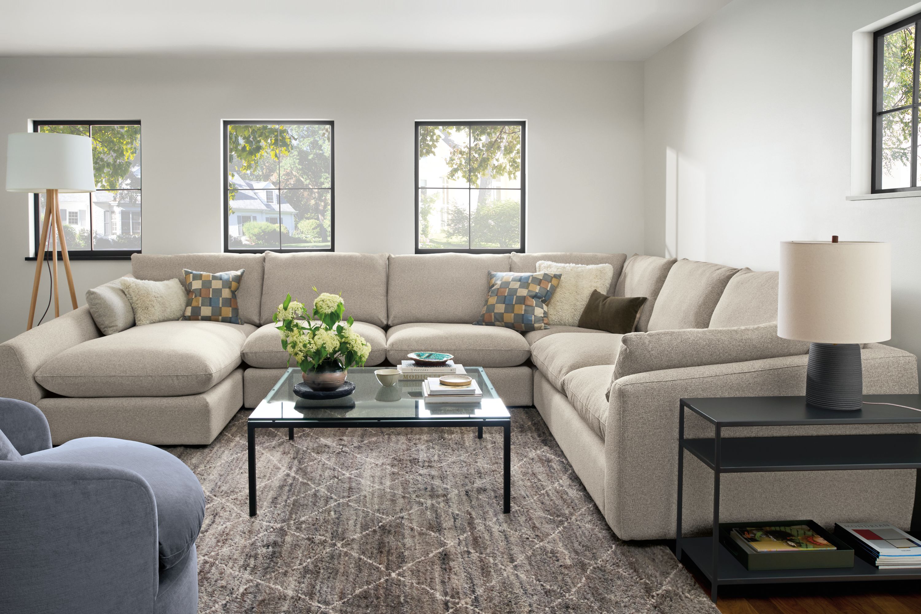 155x120" four-piece sectional with long left-arm chaise in Tatum bone fabric