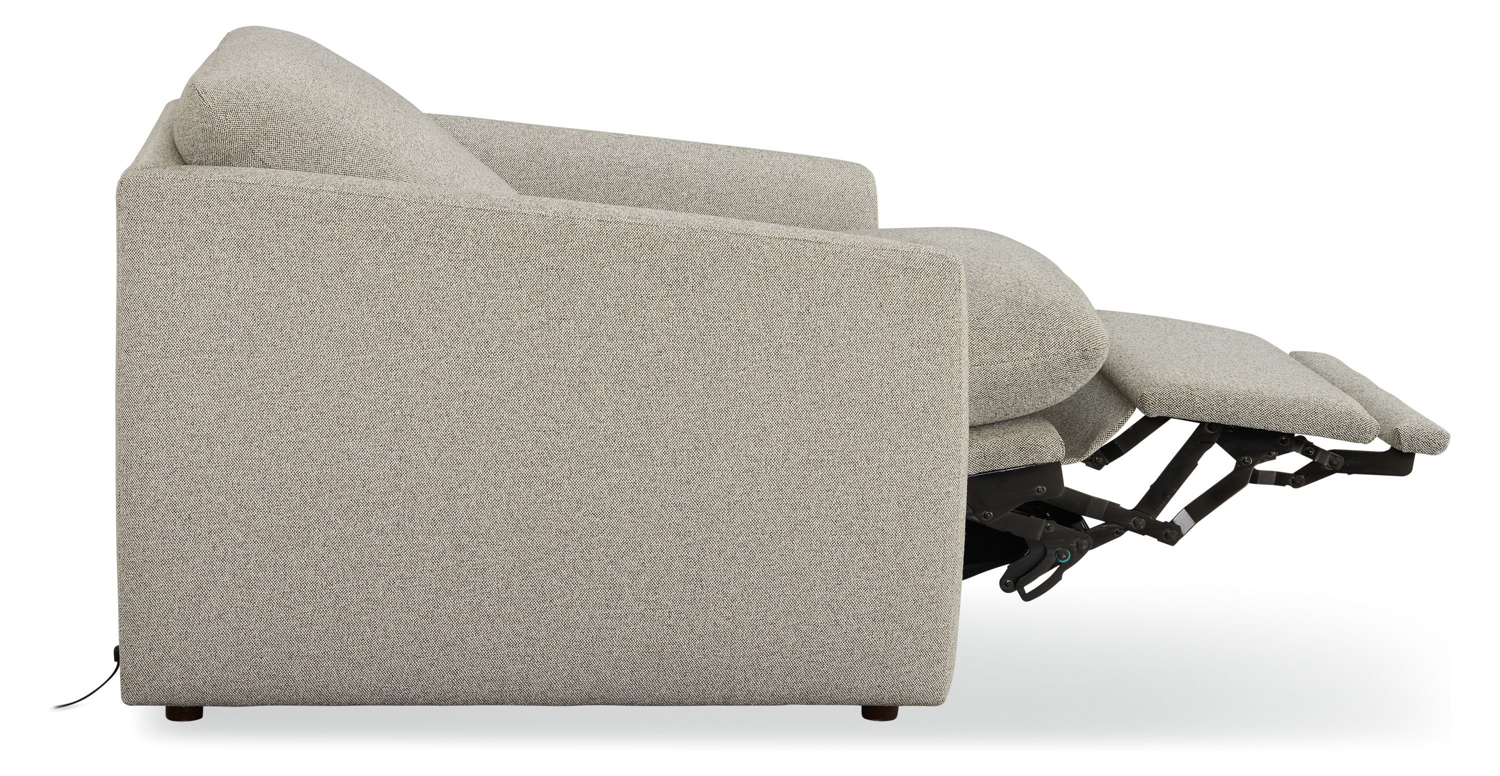 Weber power recliner in tatum bone shown with footrest extended.